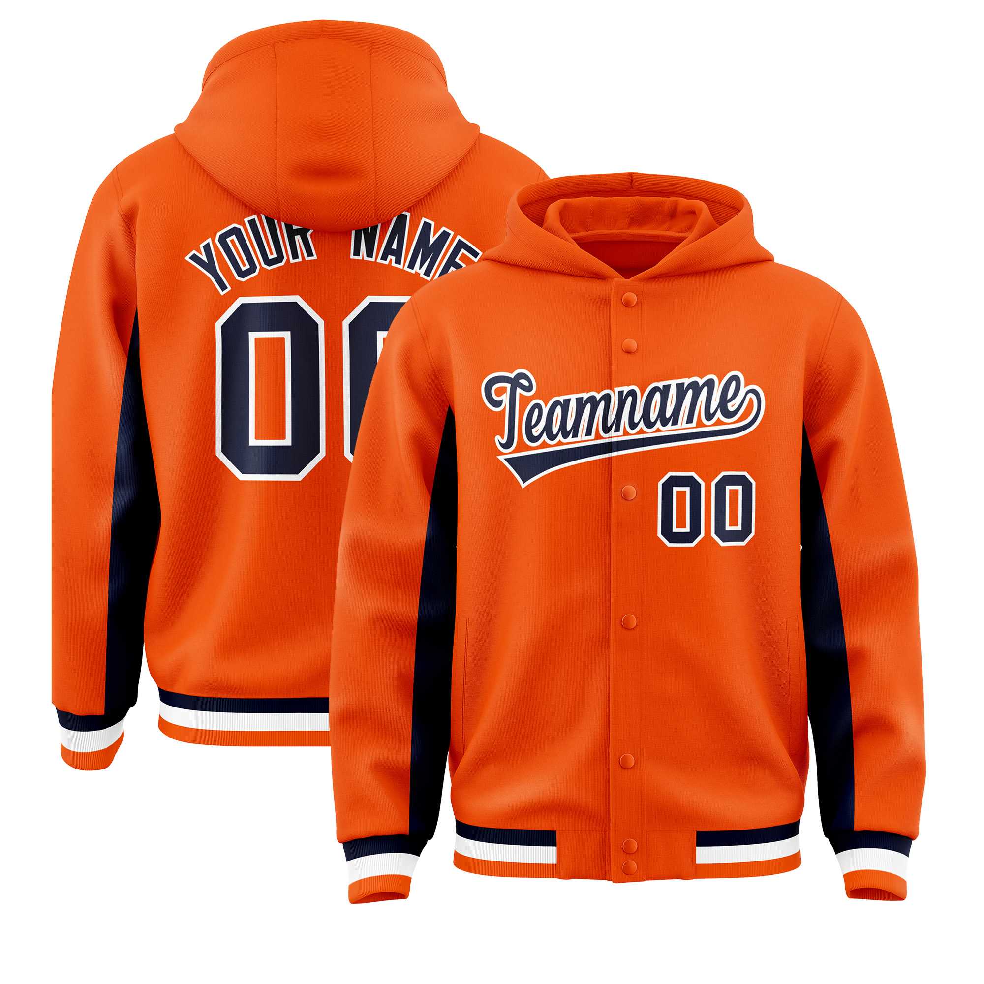 Custom Orange Navy Color Block Varsity Full-Snap Letterman Jacket Hoodie| KXKSHOP