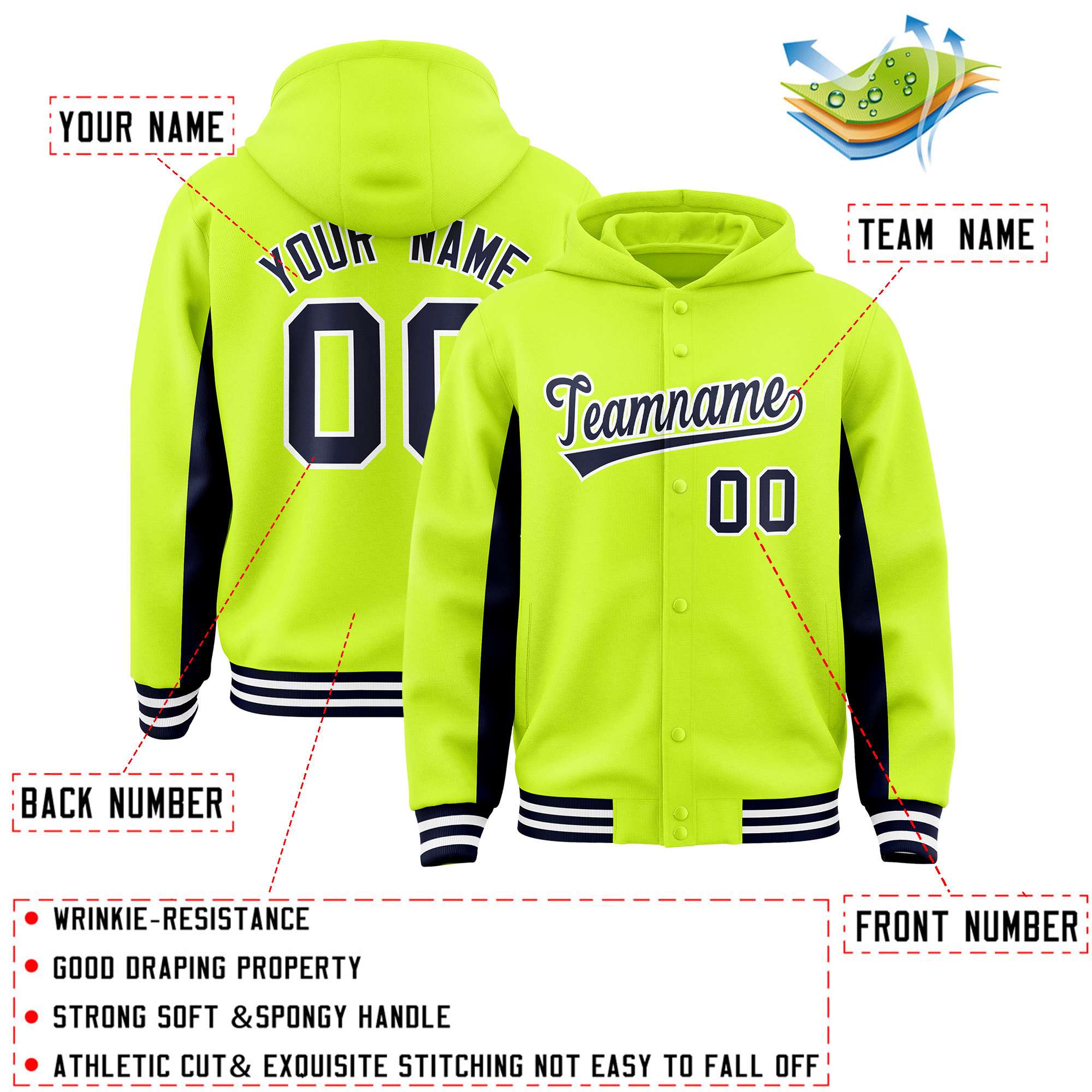 Custom Neon Green Navy Color Block Varsity Full-Snap Letterman Jacket Hoodie| KXKSHOP