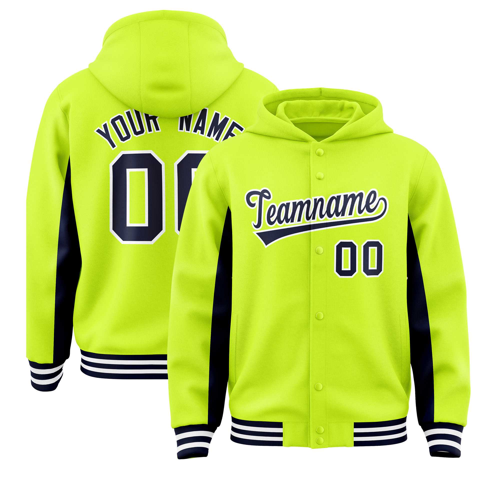 Custom Neon Green Navy Color Block Varsity Full-Snap Letterman Jacket Hoodie| KXKSHOP