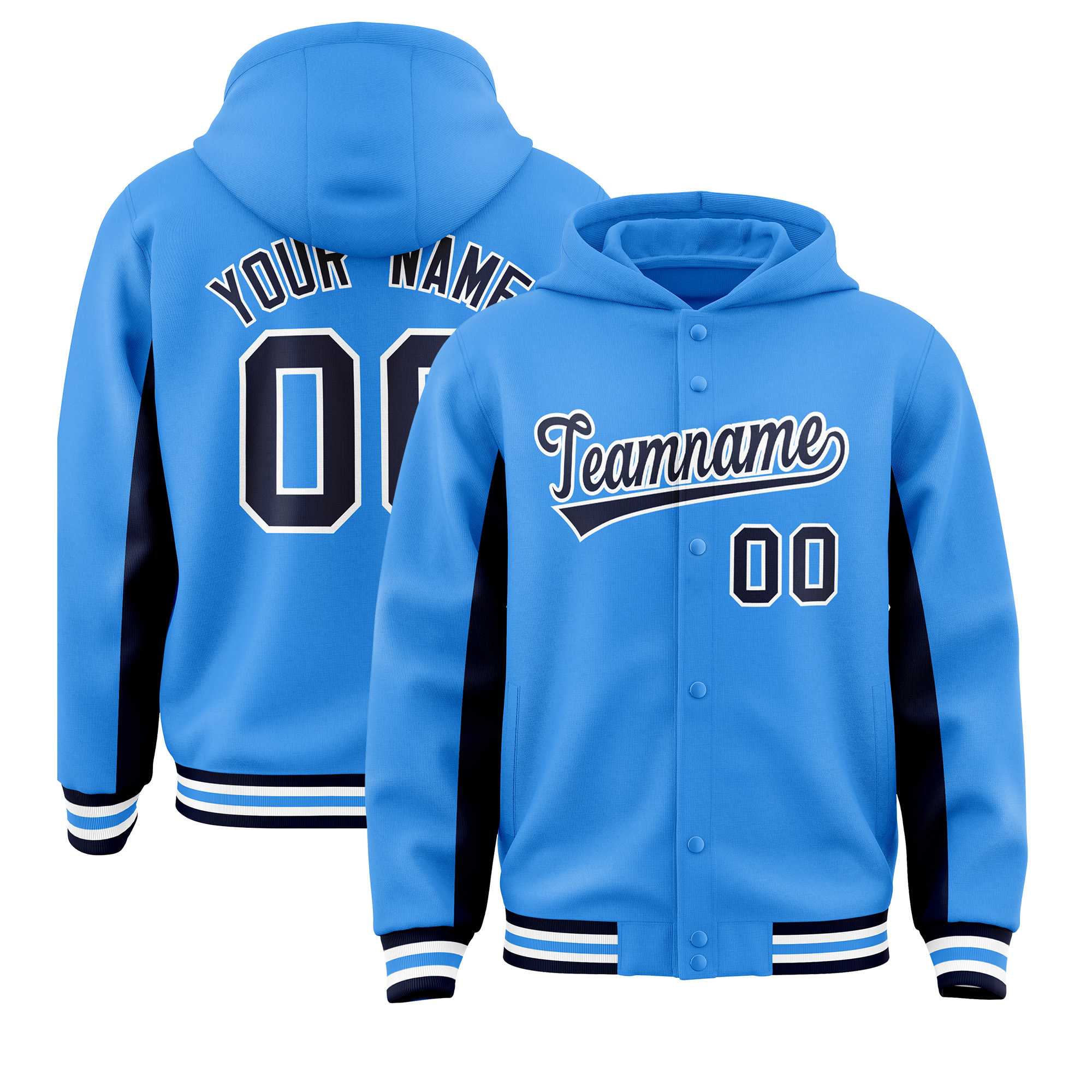 Custom Powder Blue Navy Color Block Varsity Full-Snap Letterman Jacket Hoodie| KXKSHOP