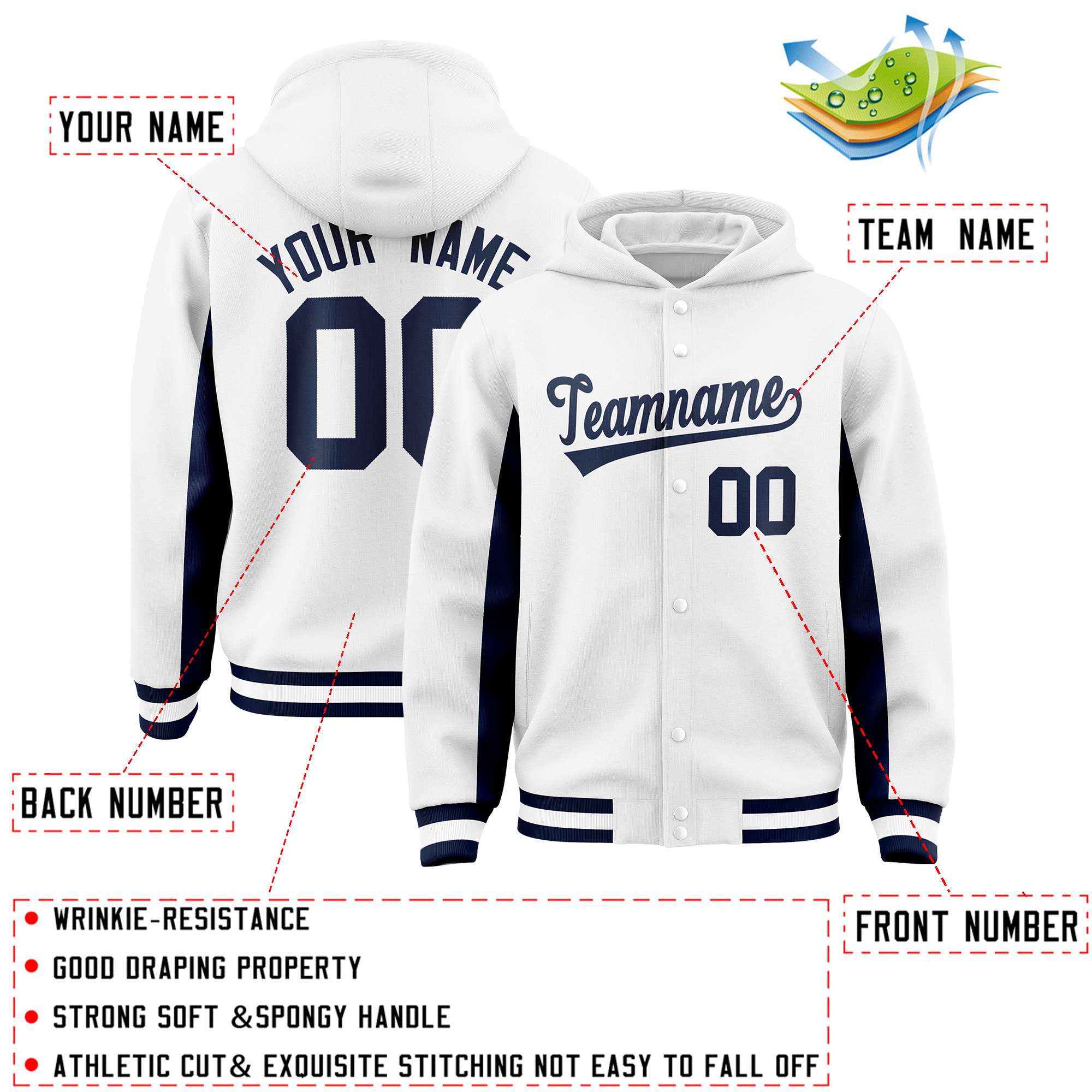 Custom White Navy Color Block Varsity Full-Snap Letterman Jacket Hoodie| KXKSHOP