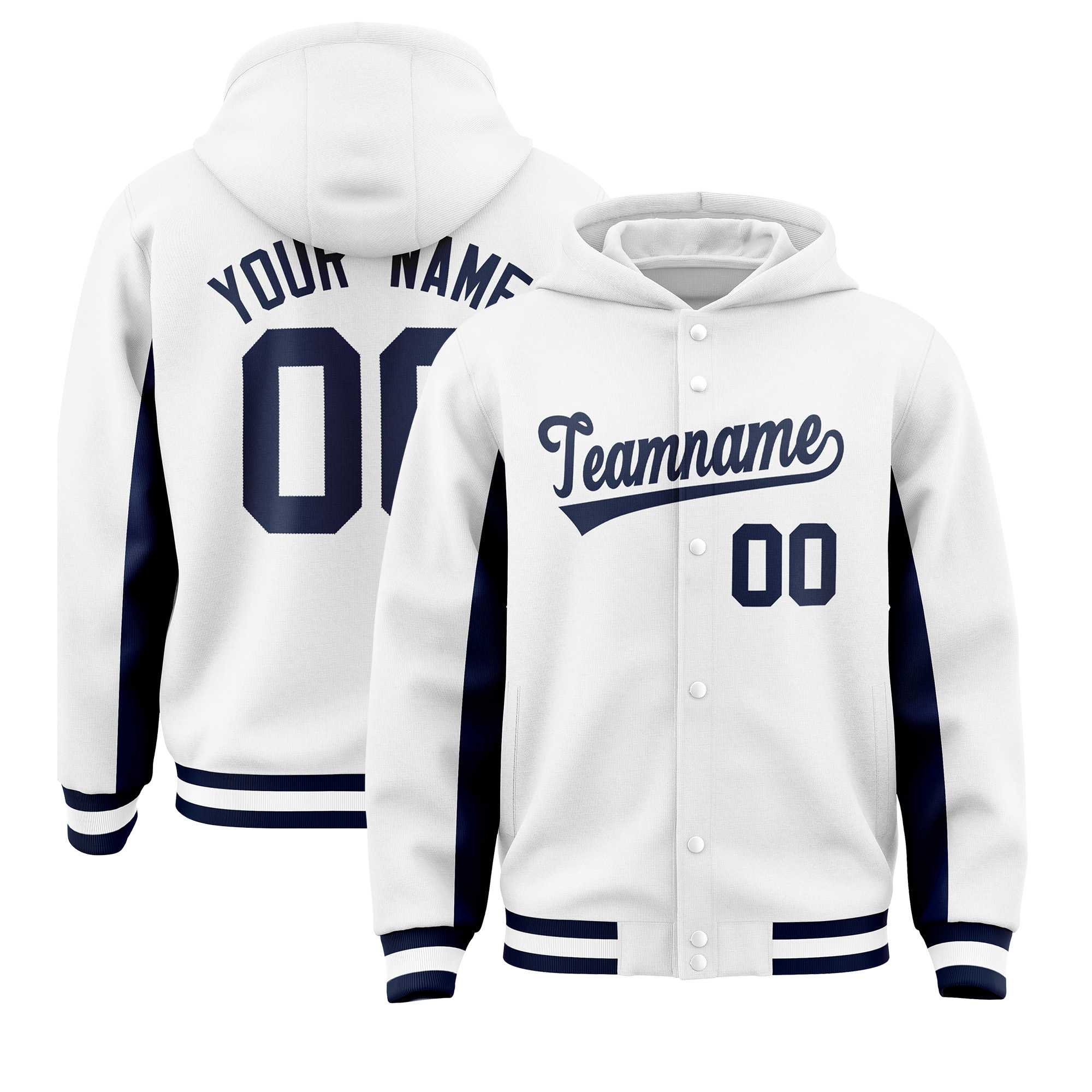 Custom White Navy Color Block Varsity Full-Snap Letterman Jacket Hoodie| KXKSHOP
