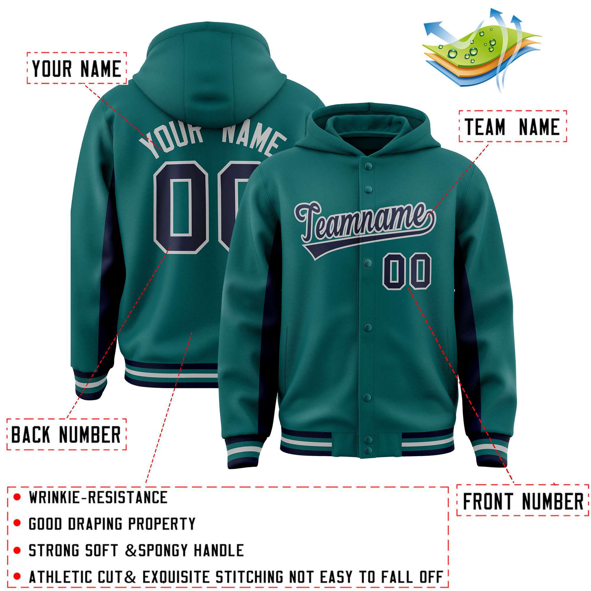 Custom Aqua Navy Color Block Varsity Full-Snap Letterman Jacket Hoodie| KXKSHOP