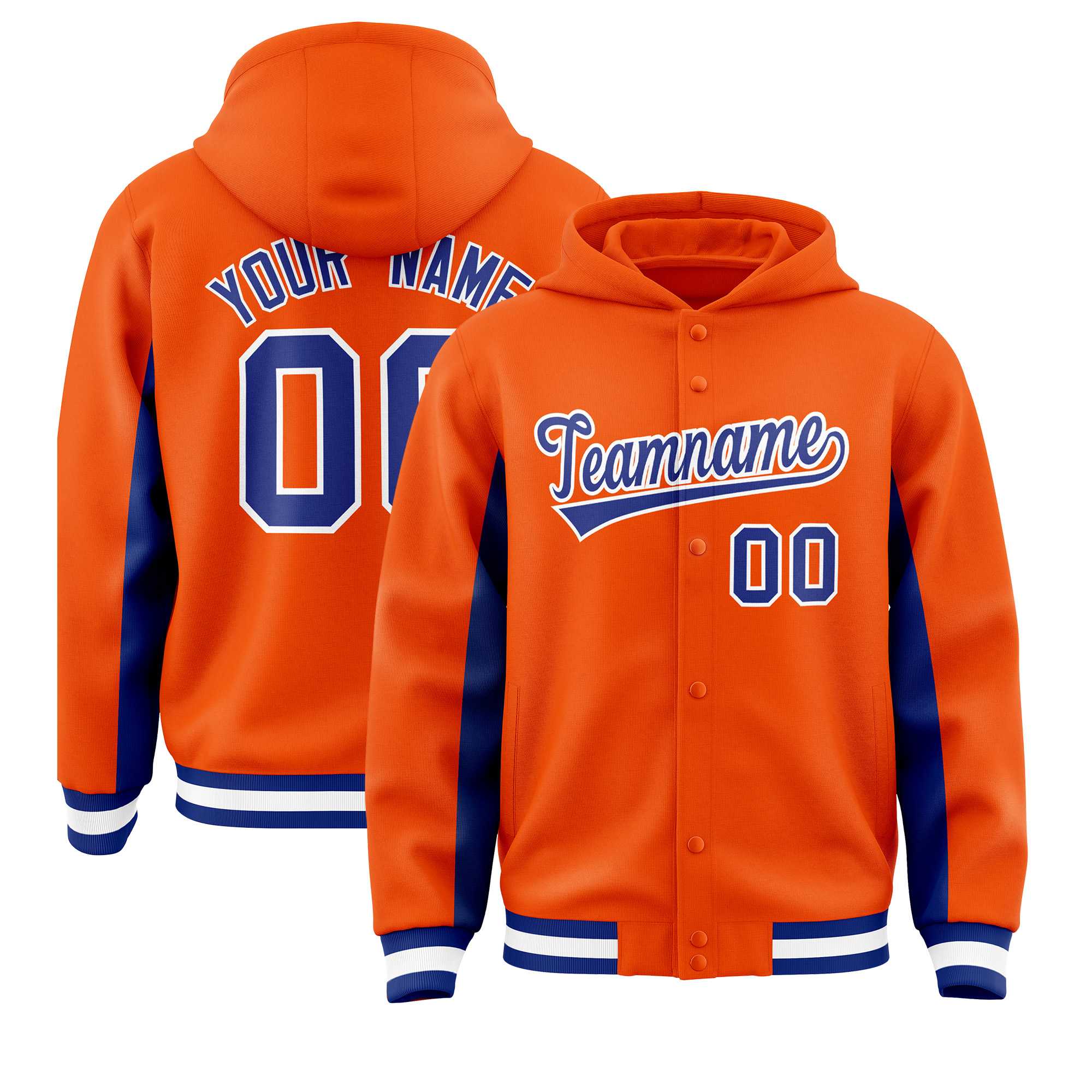 Custom Orange Royal Color Block Varsity Full-Snap Letterman Jacket Hoodie| KXKSHOP