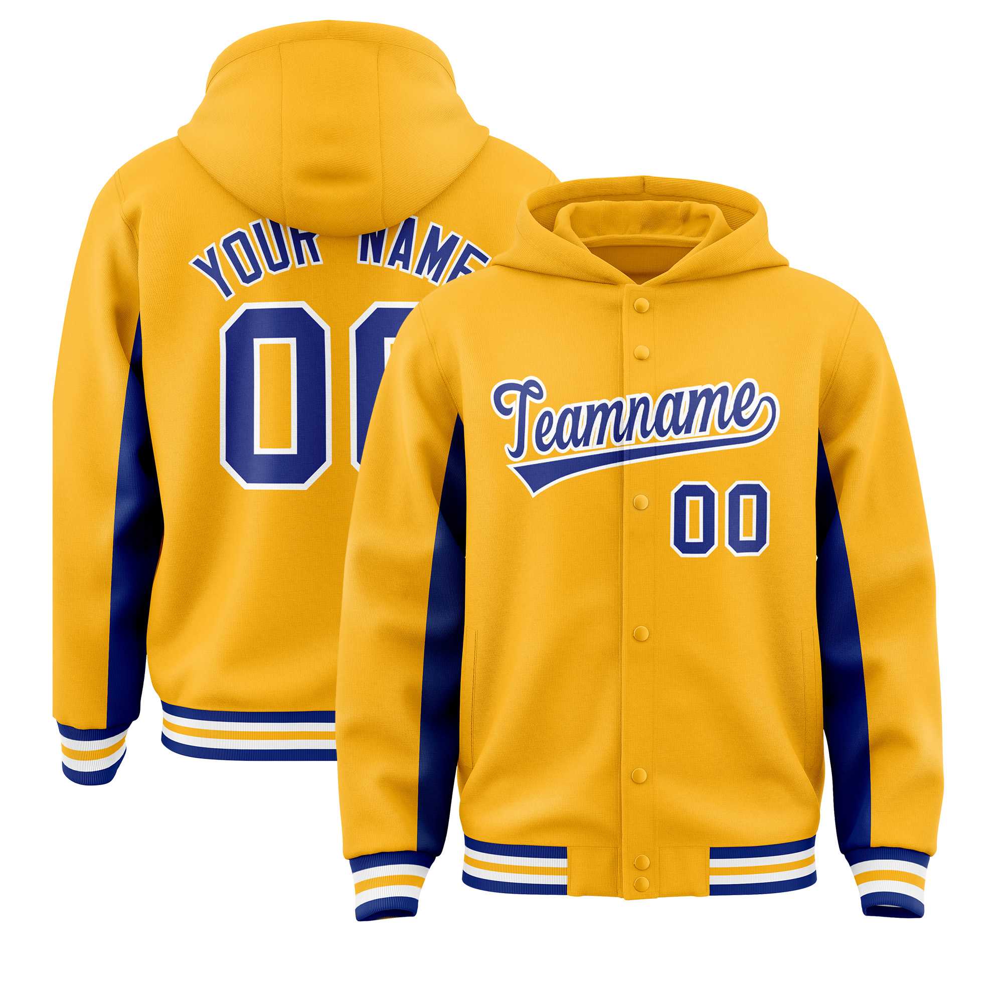 Custom Gold Royal Color Block Varsity Full-Snap Letterman Jacket Hoodie| KXKSHOP