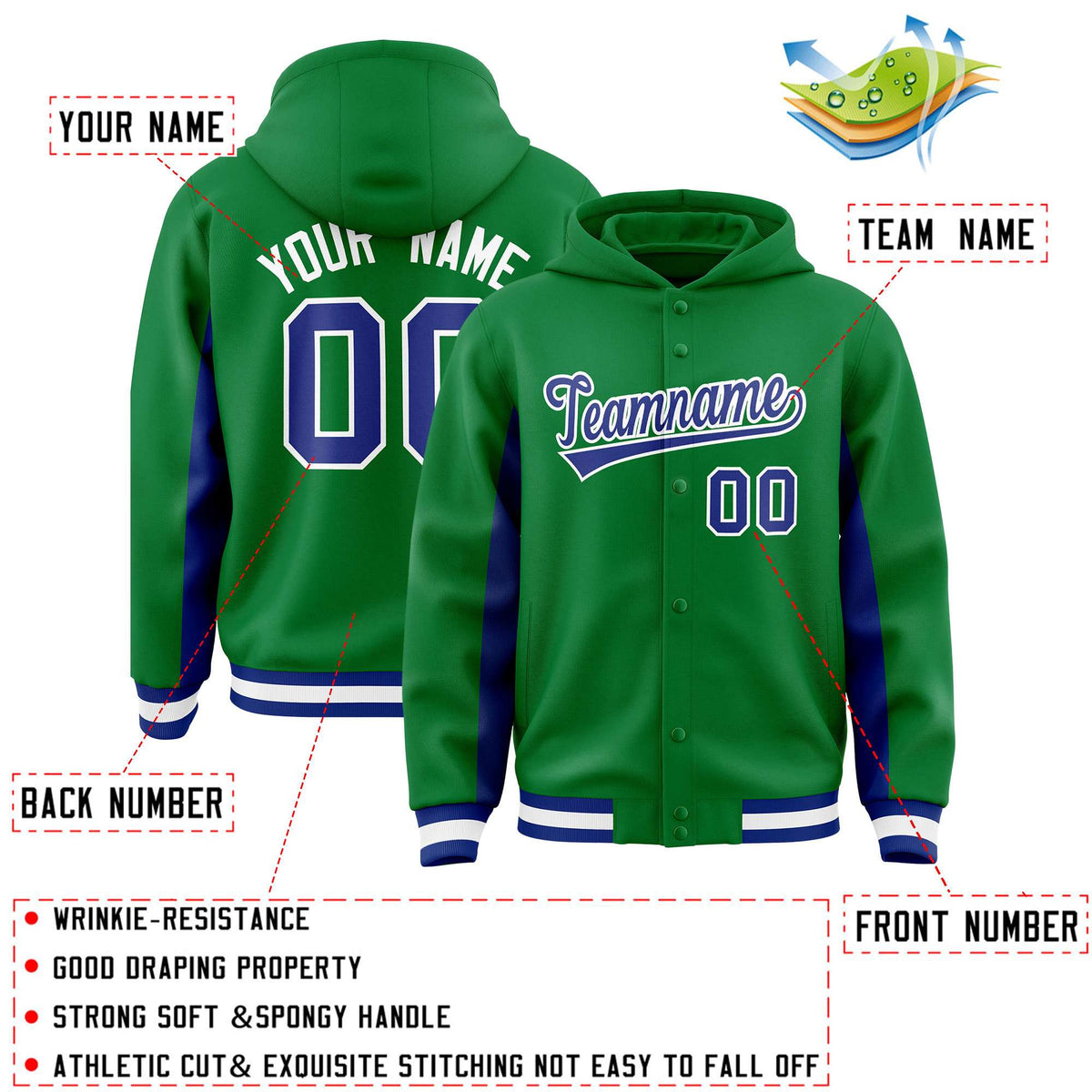 Custom Kelly Green Royal Color Block Varsity Full-Snap Letterman Jacket Hoodie| KXKSHOP
