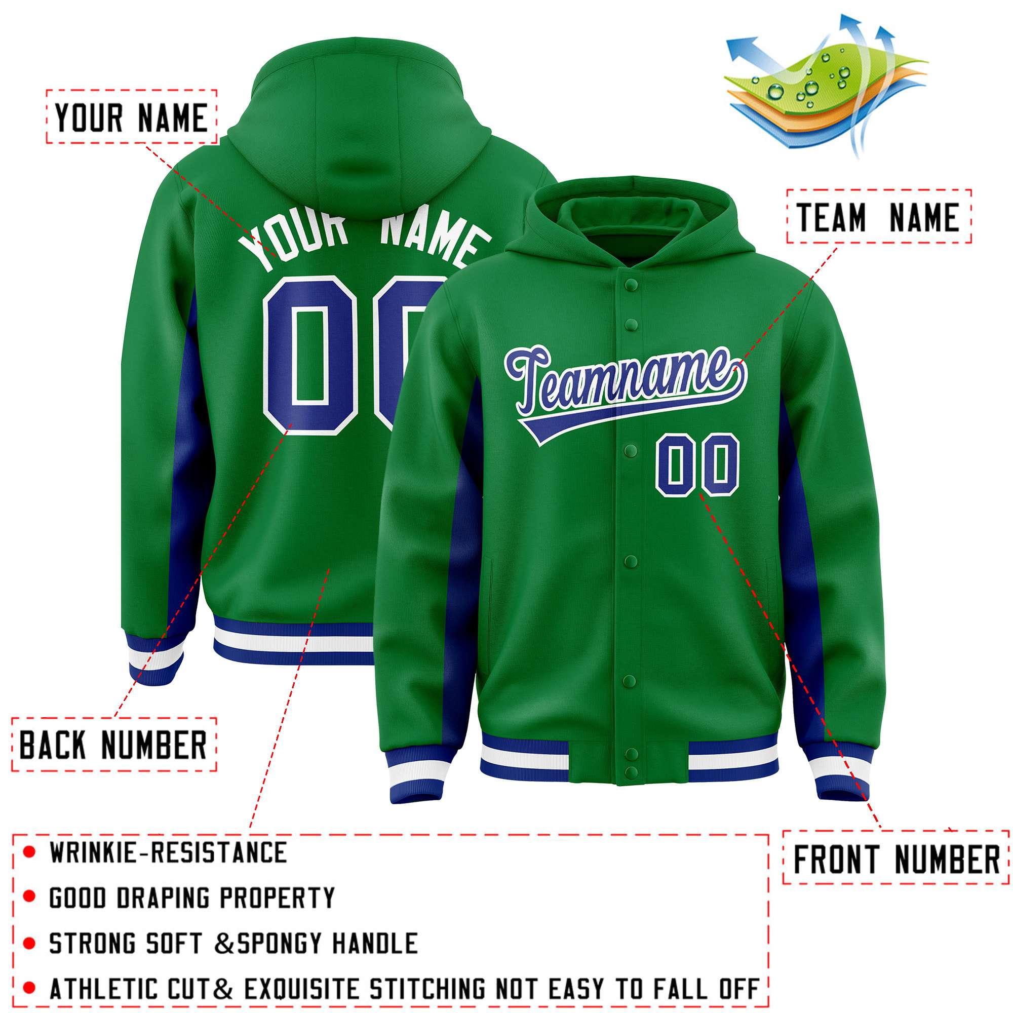 Custom Kelly Green Royal Color Block Varsity Full-Snap Letterman Jacket Hoodie| KXKSHOP