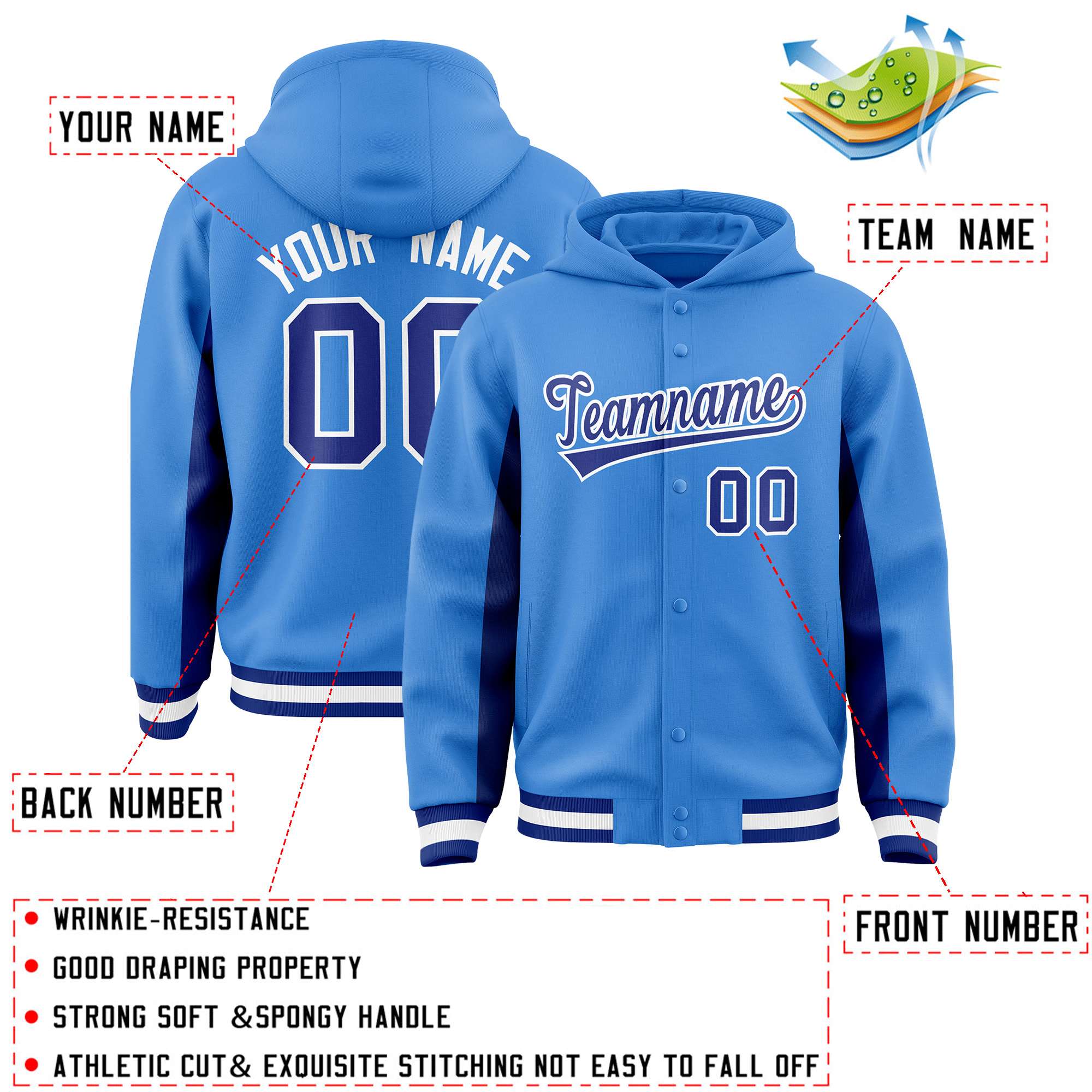 Custom Powder Blue Royal Color Block Varsity Full-Snap Letterman Jacket Hoodie| KXKSHOP