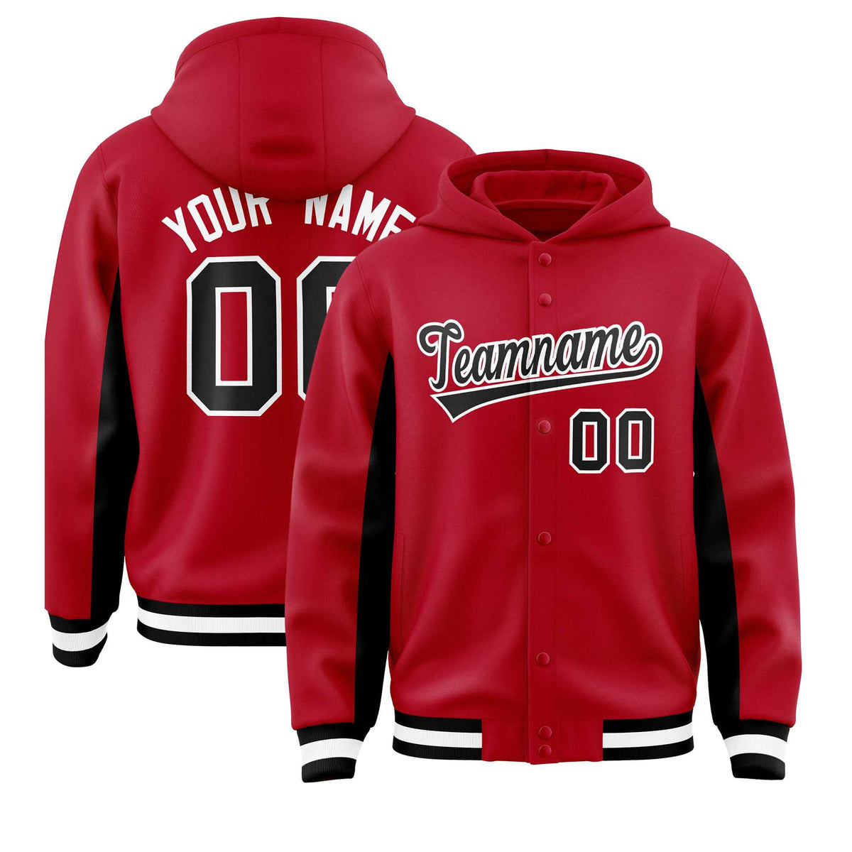 Custom Red Black Color Block Varsity Full-Snap Letterman Jacket Hoodie| KXKSHOP
