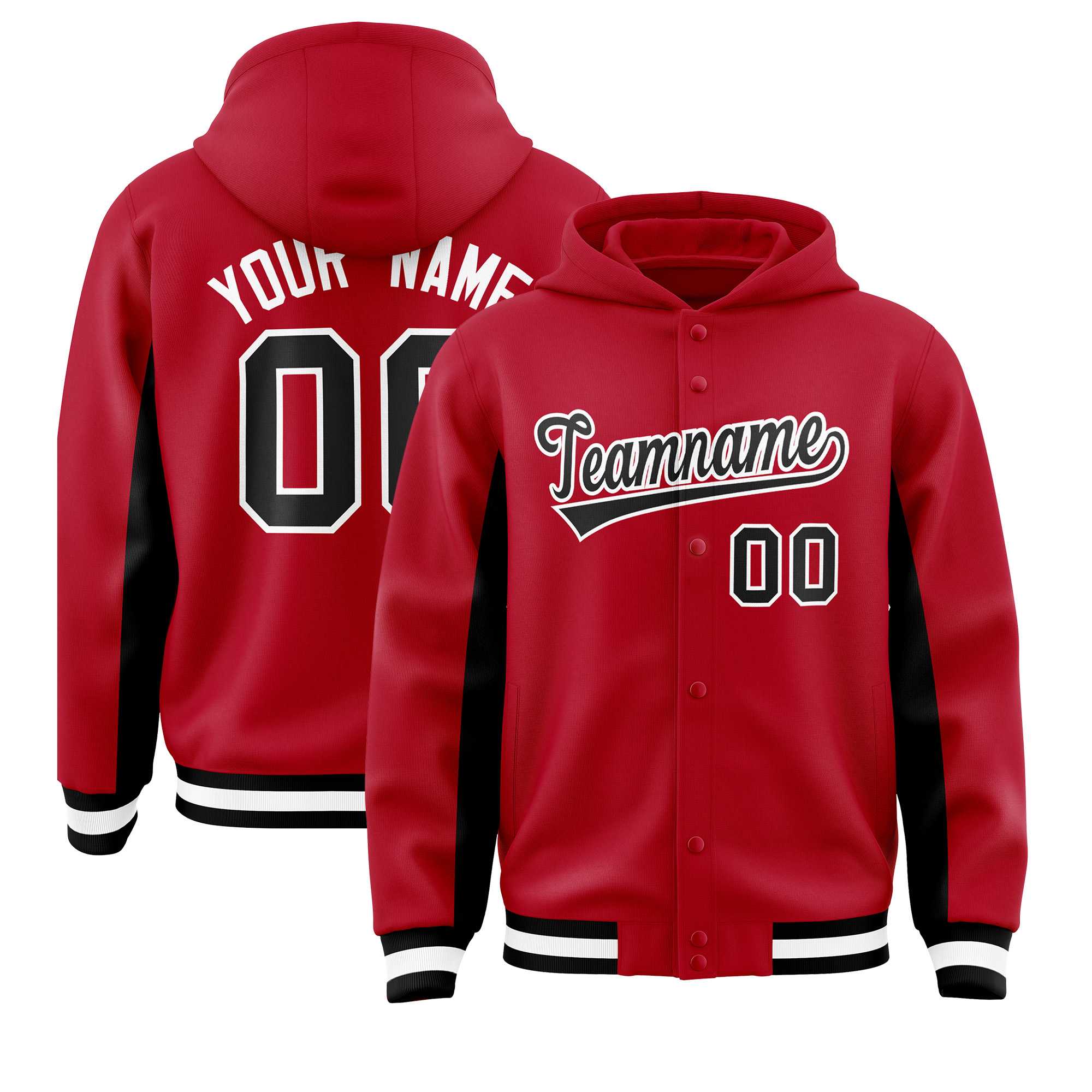 Custom Red Black Color Block Varsity Full-Snap Letterman Jacket Hoodie| KXKSHOP