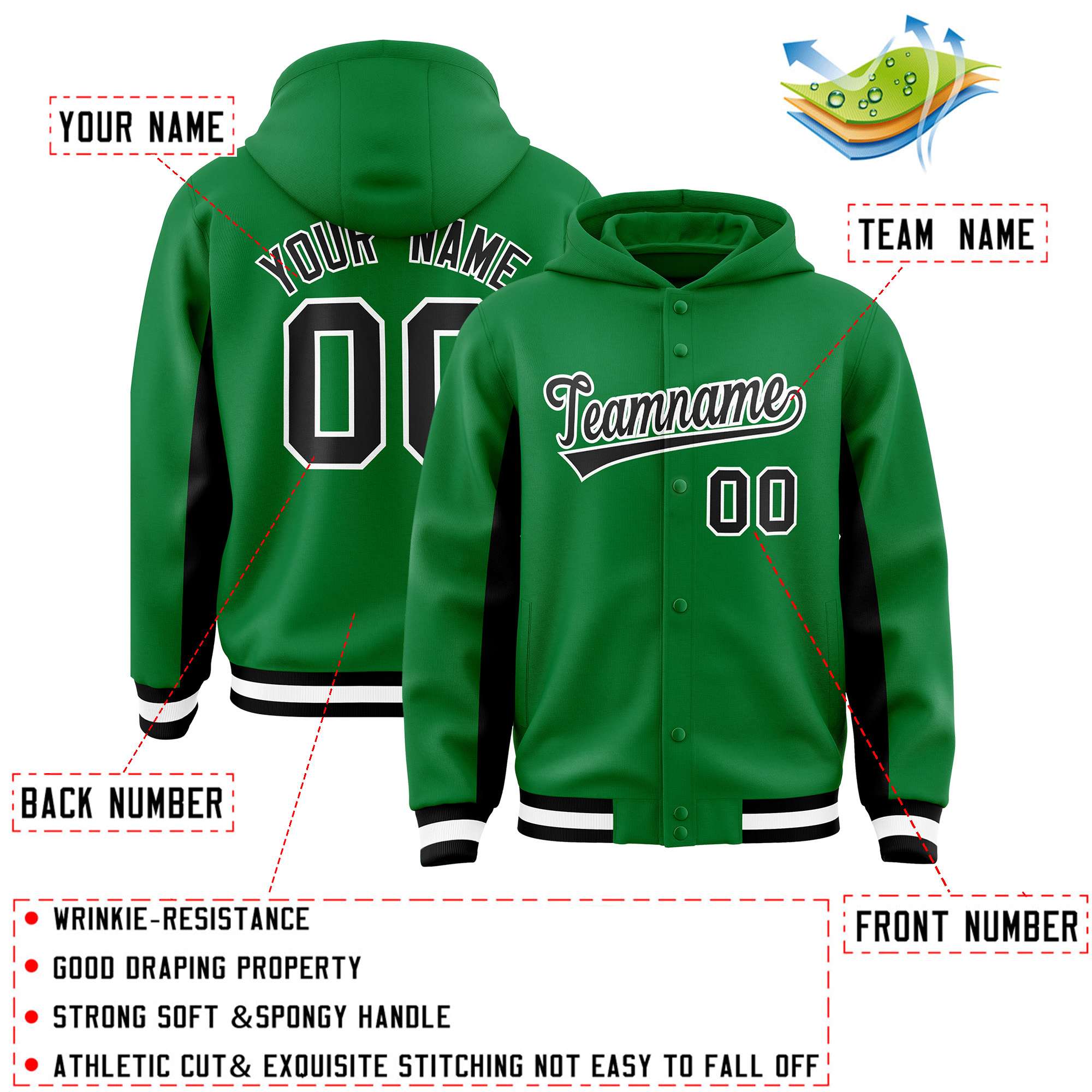 Custom Kelly Green Black Color Block Varsity Full-Snap Letterman Jacket Hoodie| KXKSHOP