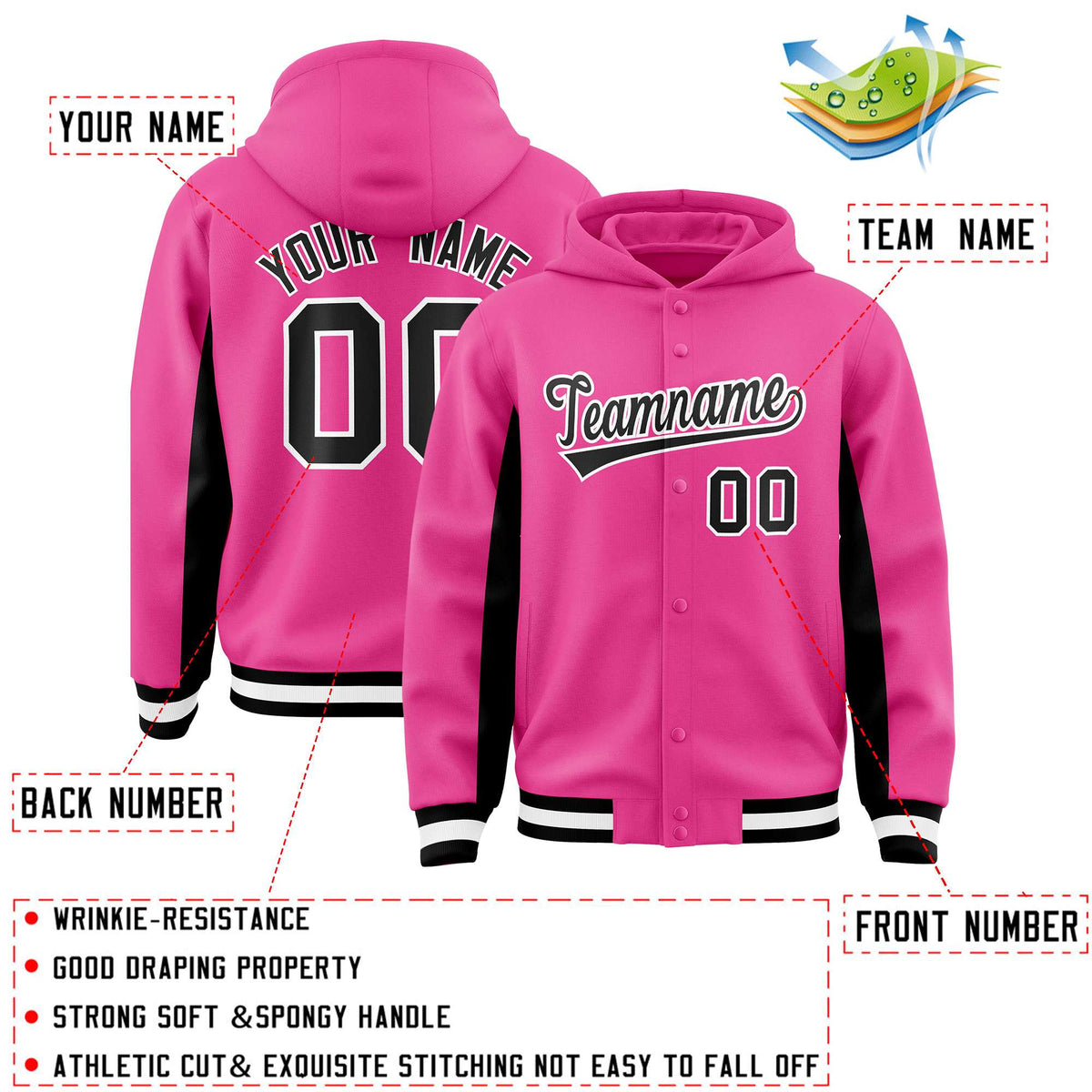 Custom Pink Black Color Block Varsity Full-Snap Letterman Jacket Hoodie| KXKSHOP