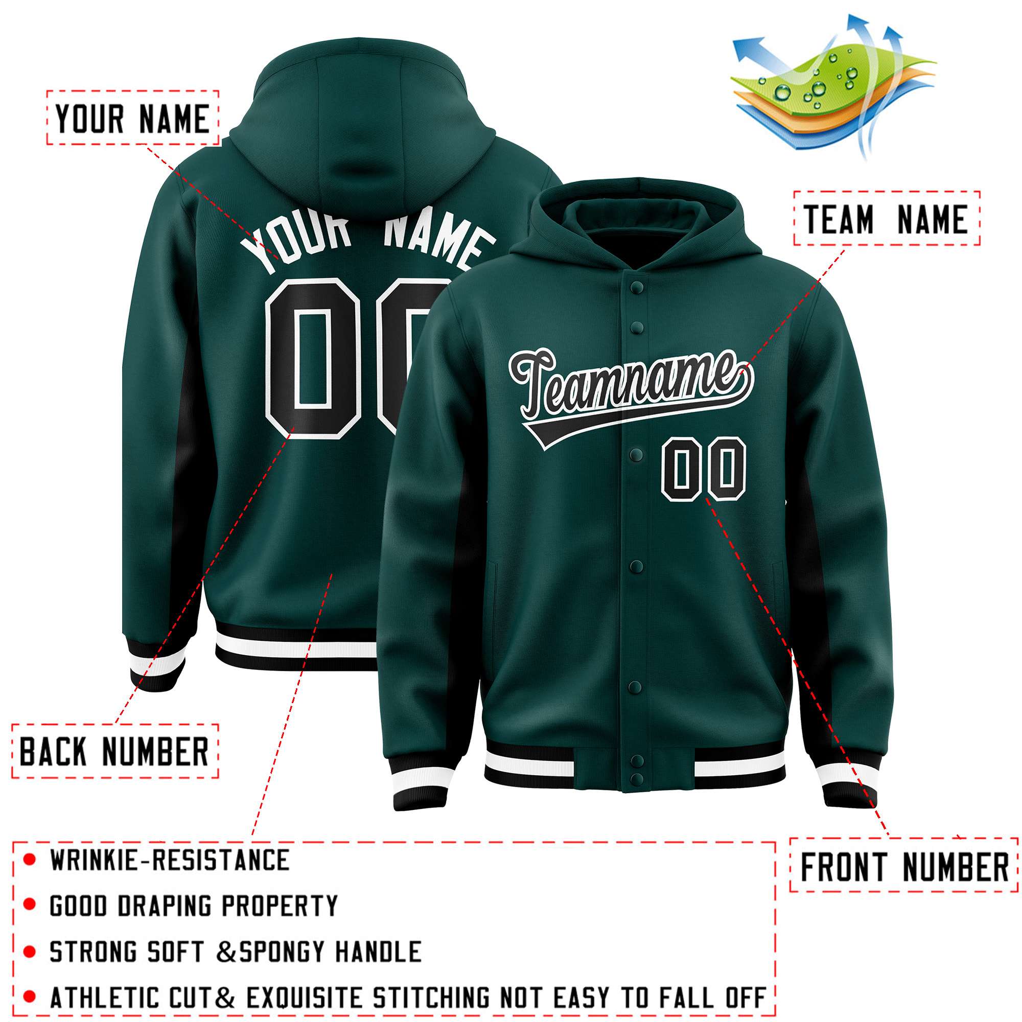 Custom Midnight Green Black Color Block Varsity Full-Snap Letterman Jacket Hoodie| KXKSHOP