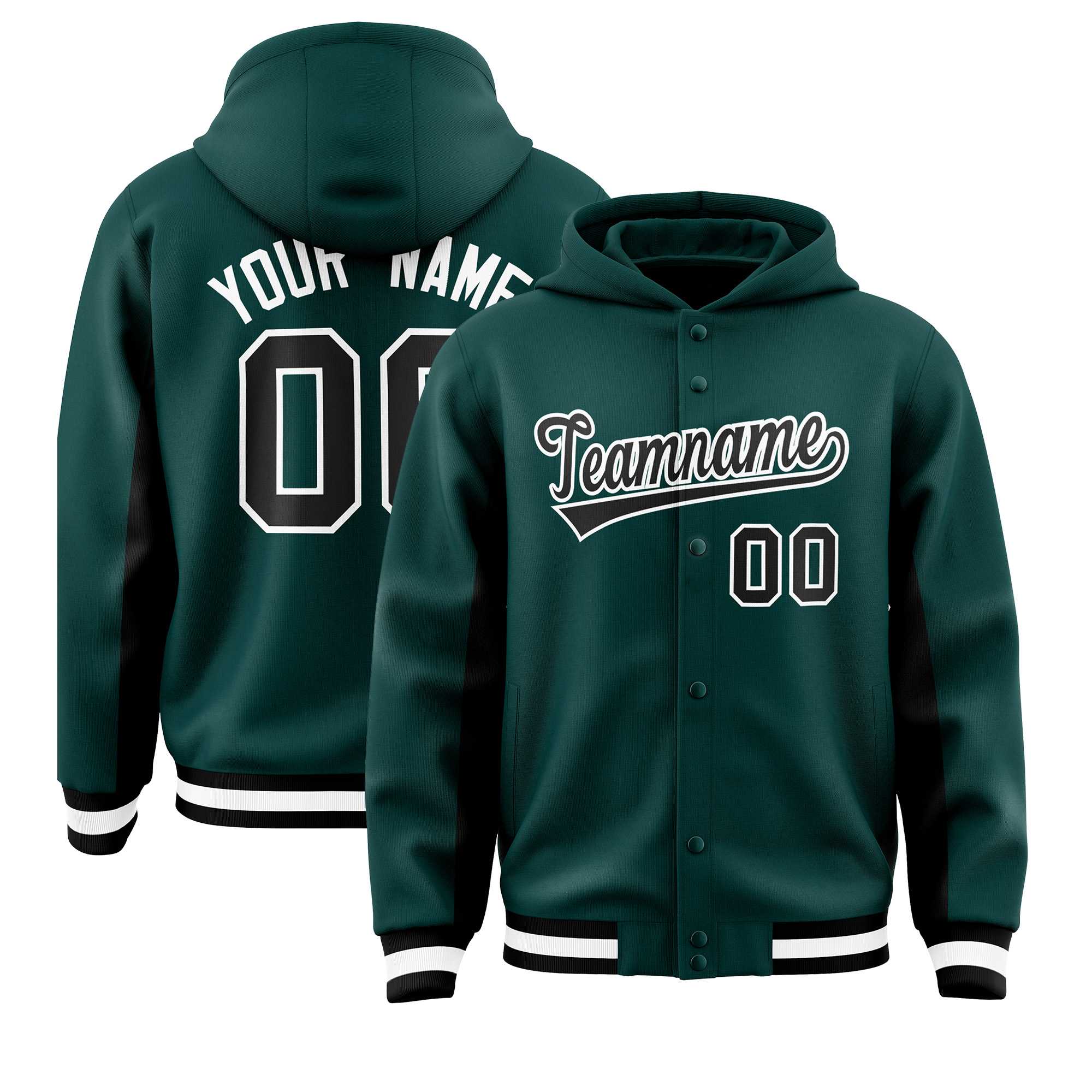 Custom Midnight Green Black Color Block Varsity Full-Snap Letterman Jacket Hoodie| KXKSHOP