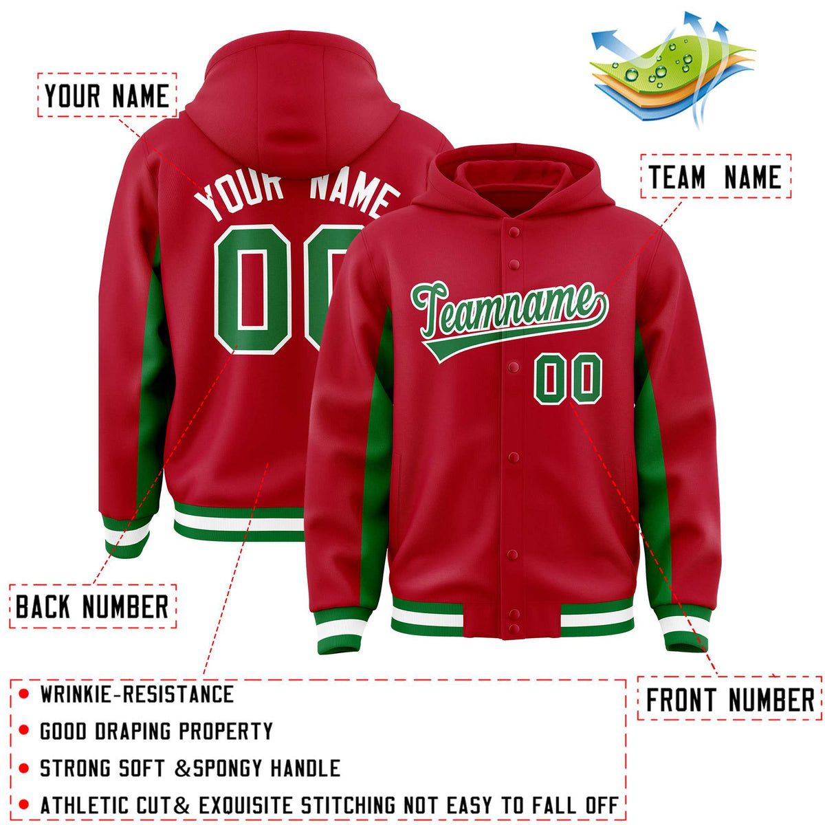 Custom Red Kelly Green Color Block Varsity Full-Snap Letterman Jacket Hoodie| KXKSHOP