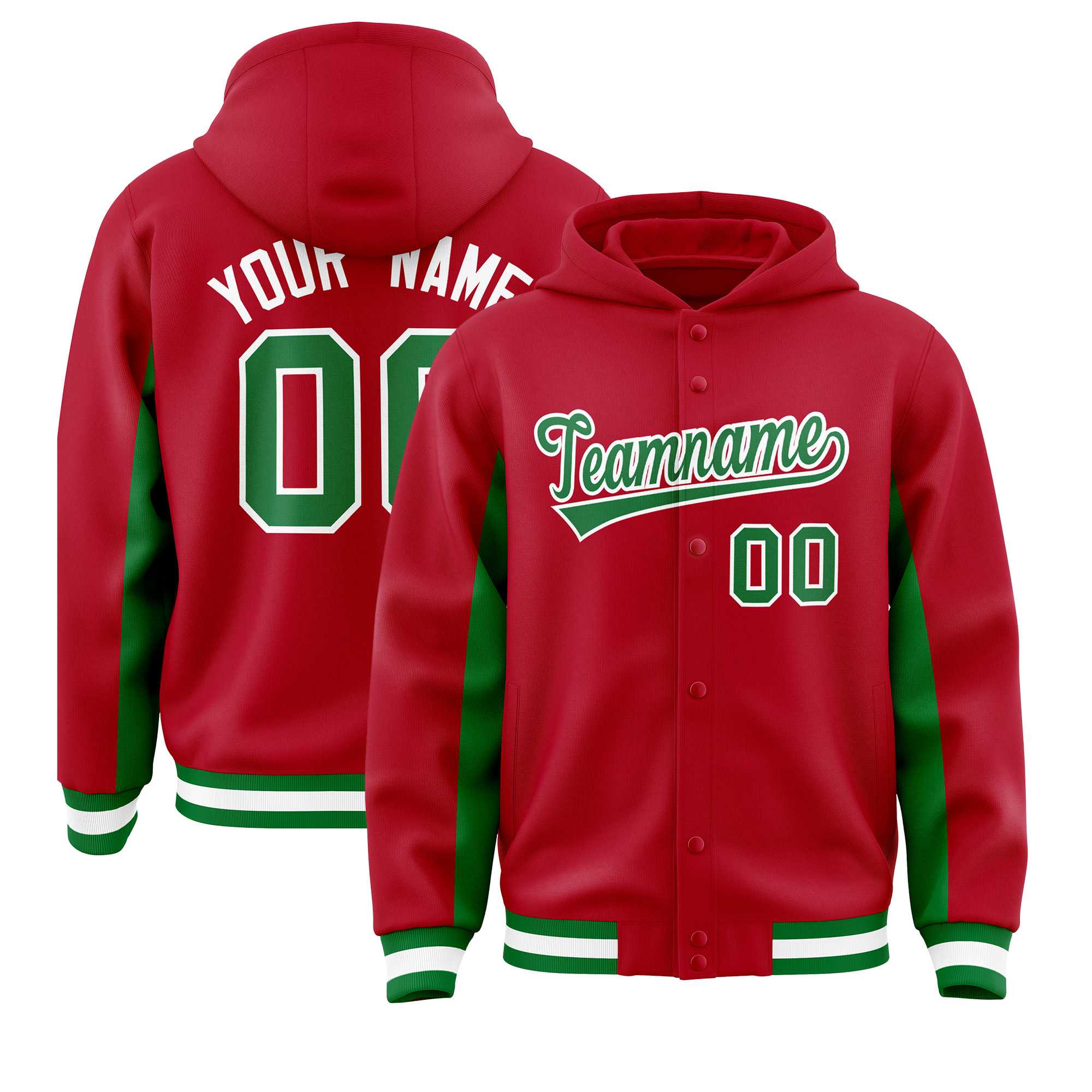 Custom Red Kelly Green Color Block Varsity Full-Snap Letterman Jacket Hoodie| KXKSHOP