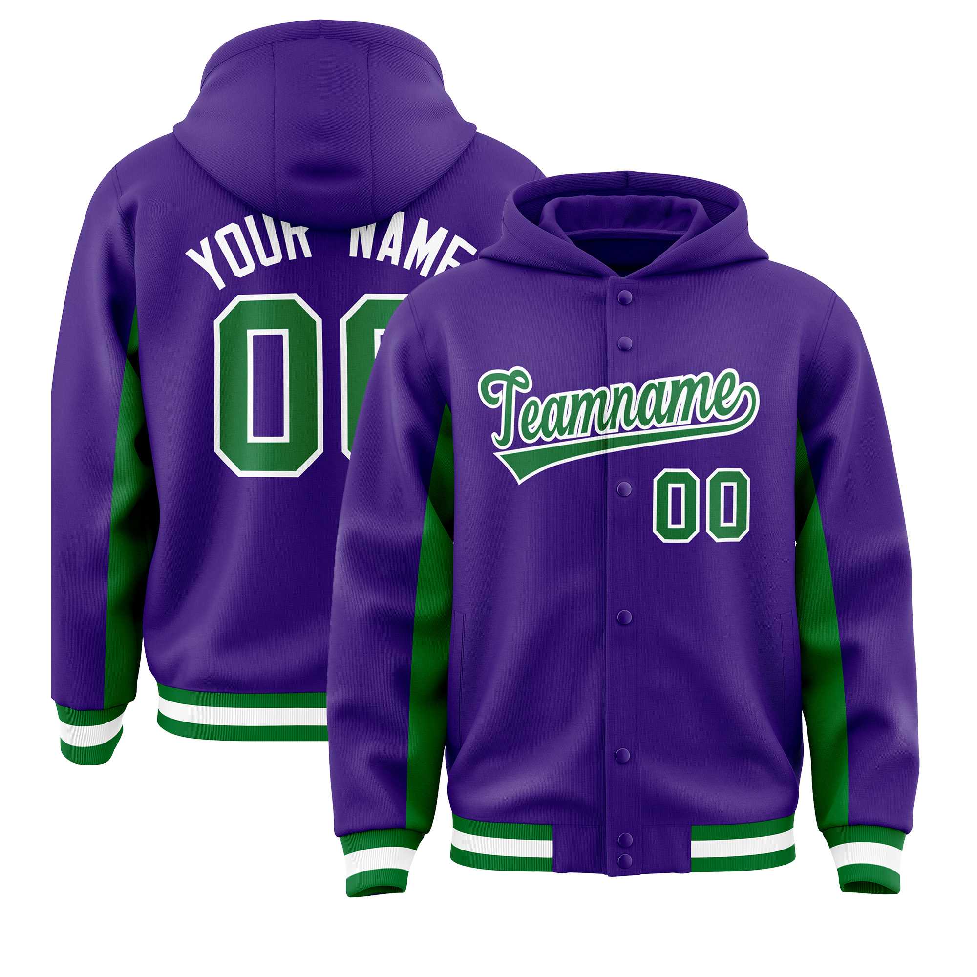 Custom Purple Kelly Green Color Block Varsity Full-Snap Letterman Jacket Hoodie| KXKSHOP