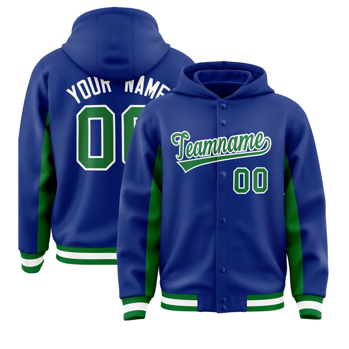 Custom Royal Kelly Green Color Block Varsity Full-Snap Letterman Jacket Hoodie| KXKSHOP