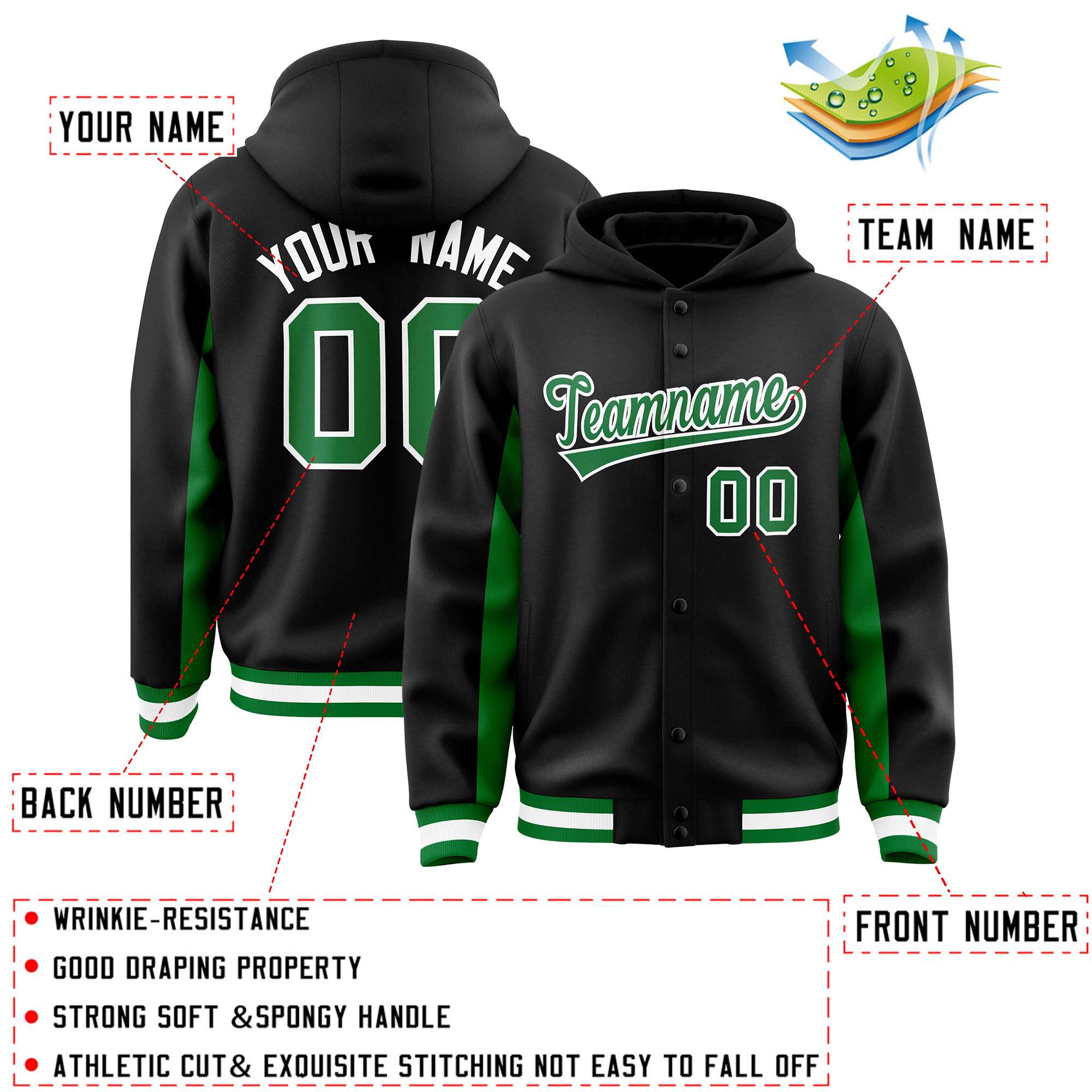 Custom Black Kelly Green Color Block Varsity Full-Snap Letterman Jacket Hoodie| KXKSHOP