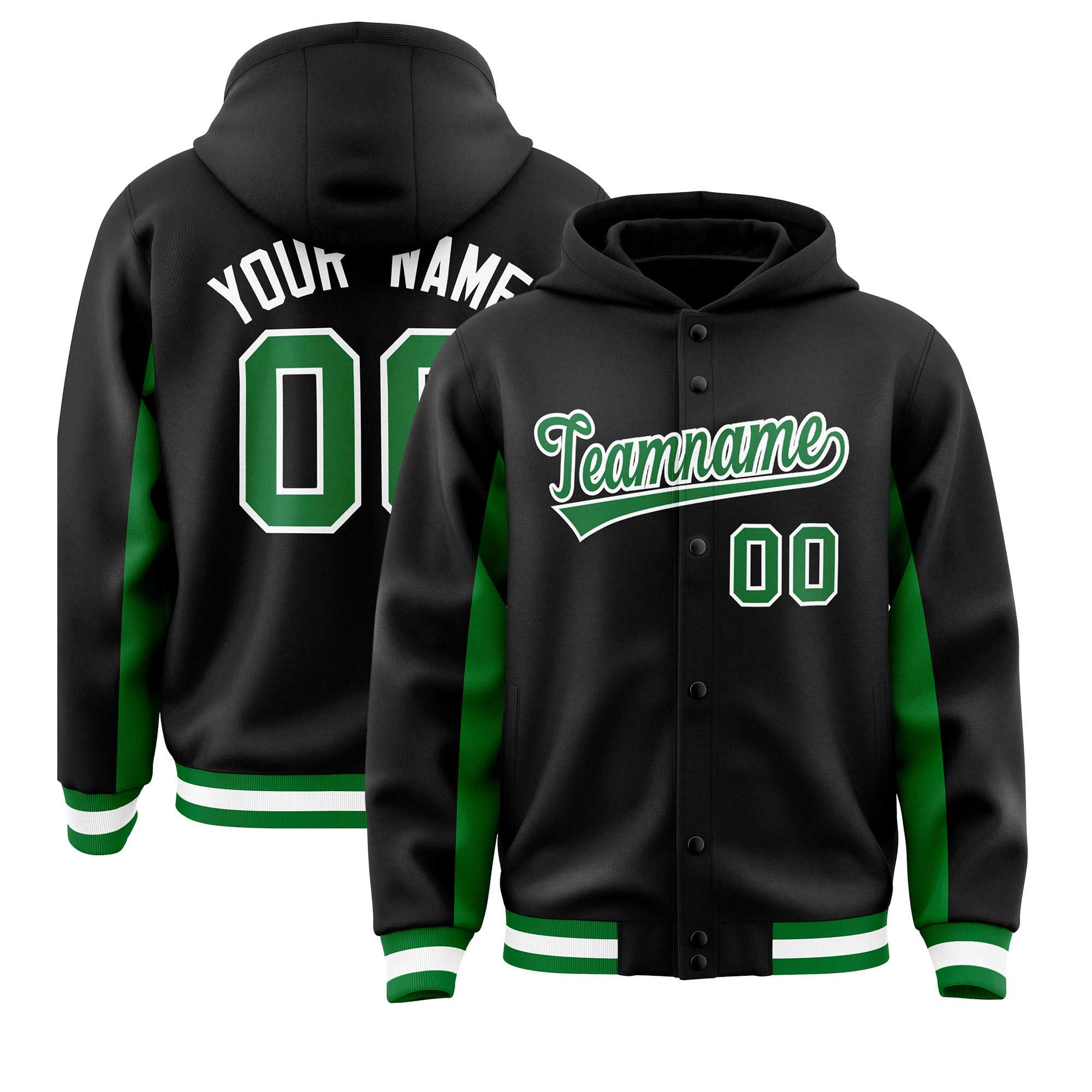 Custom Black Kelly Green Color Block Varsity Full-Snap Letterman Jacket Hoodie| KXKSHOP