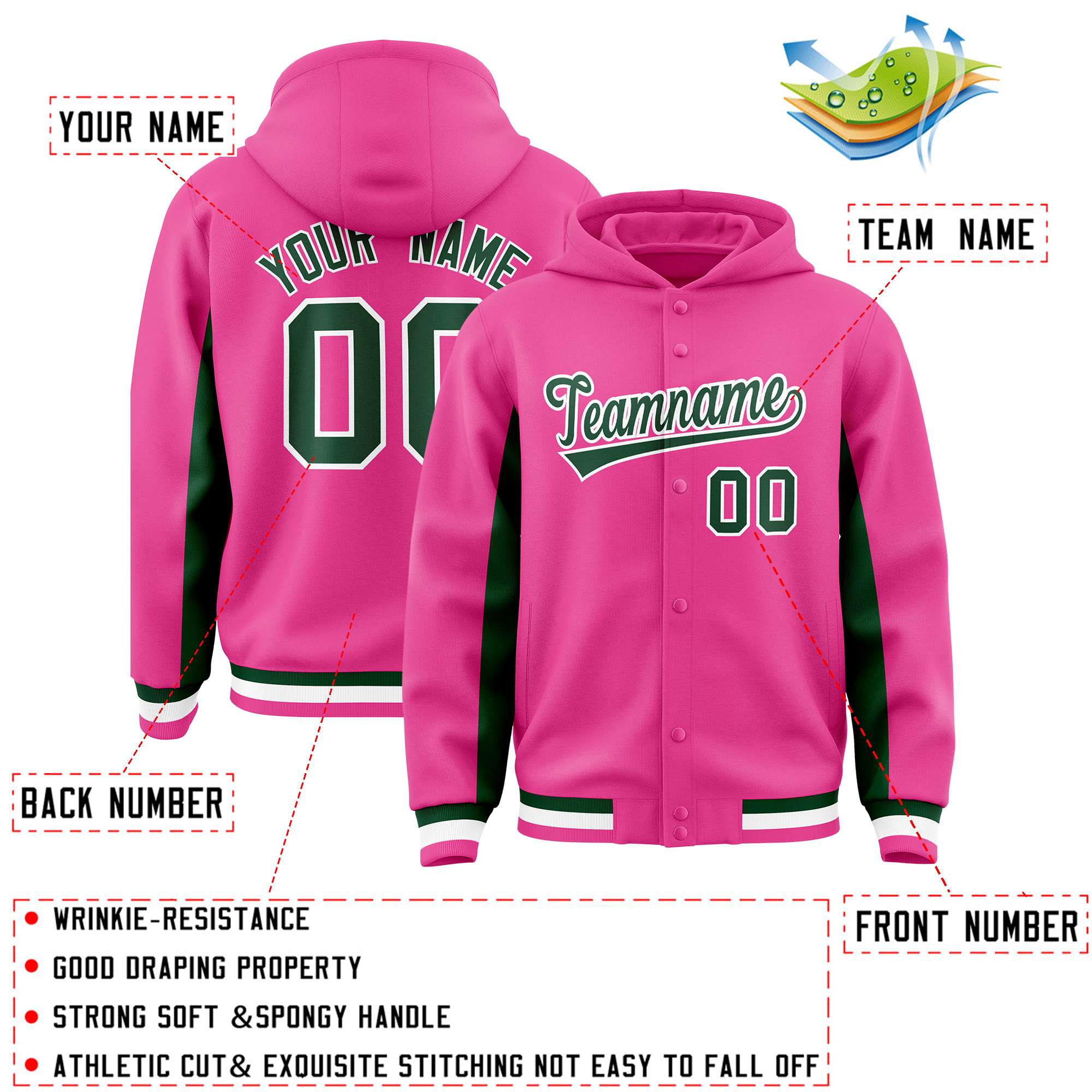 Custom Pink Green Color Block Varsity Full-Snap Letterman Jacket Hoodie| KXKSHOP