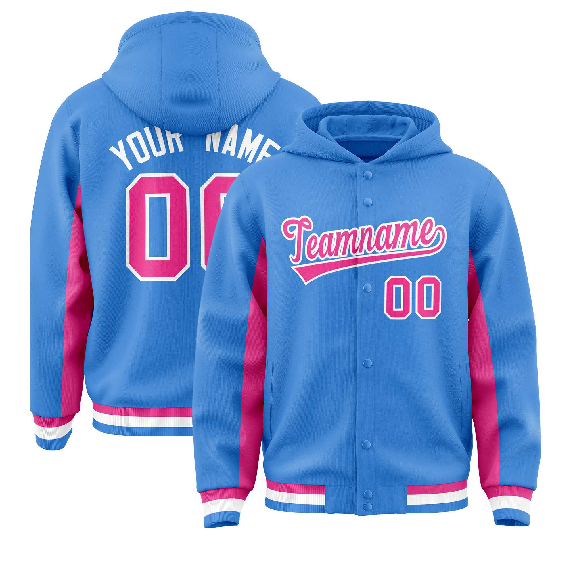 Custom Powder Blue Pink Color Block Varsity Full-Snap Letterman Jacket Hoodie| KXKSHOP