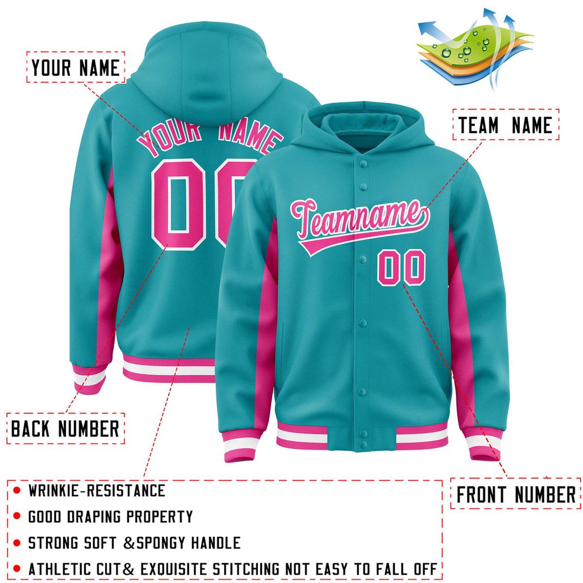 Custom Aqua Pink Color Block Varsity Full-Snap Letterman Jacket Hoodie| KXKSHOP