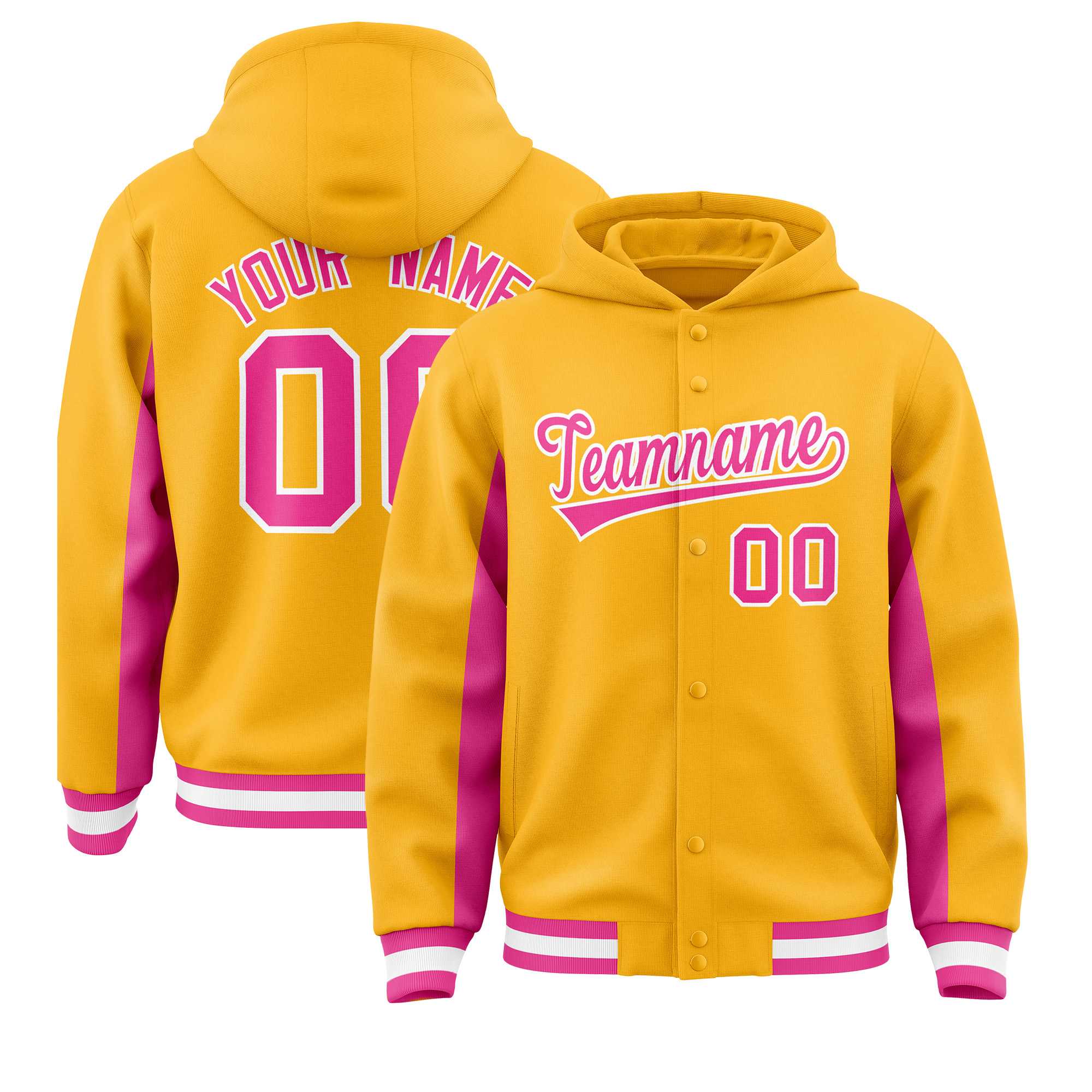 Custom Gold Pink Color Block Varsity Full-Snap Letterman Jacket Hoodie| KXKSHOP