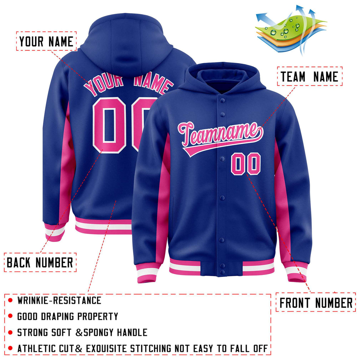 Custom Royal Pink Color Block Varsity Full-Snap Letterman Jacket Hoodie| KXKSHOP