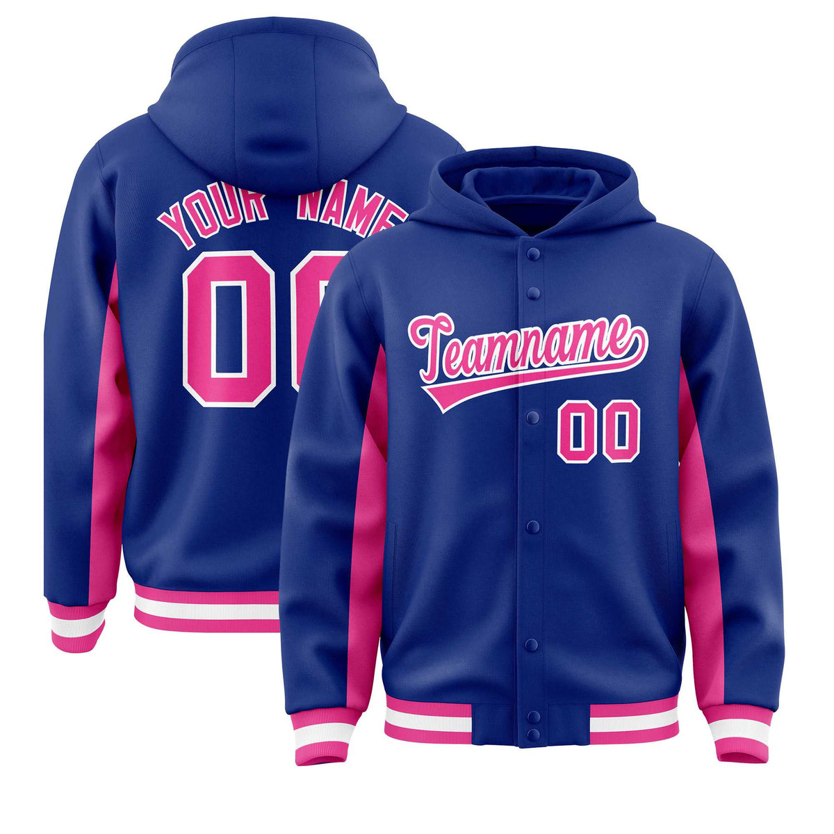 Custom Royal Pink Color Block Varsity Full-Snap Letterman Jacket Hoodie| KXKSHOP