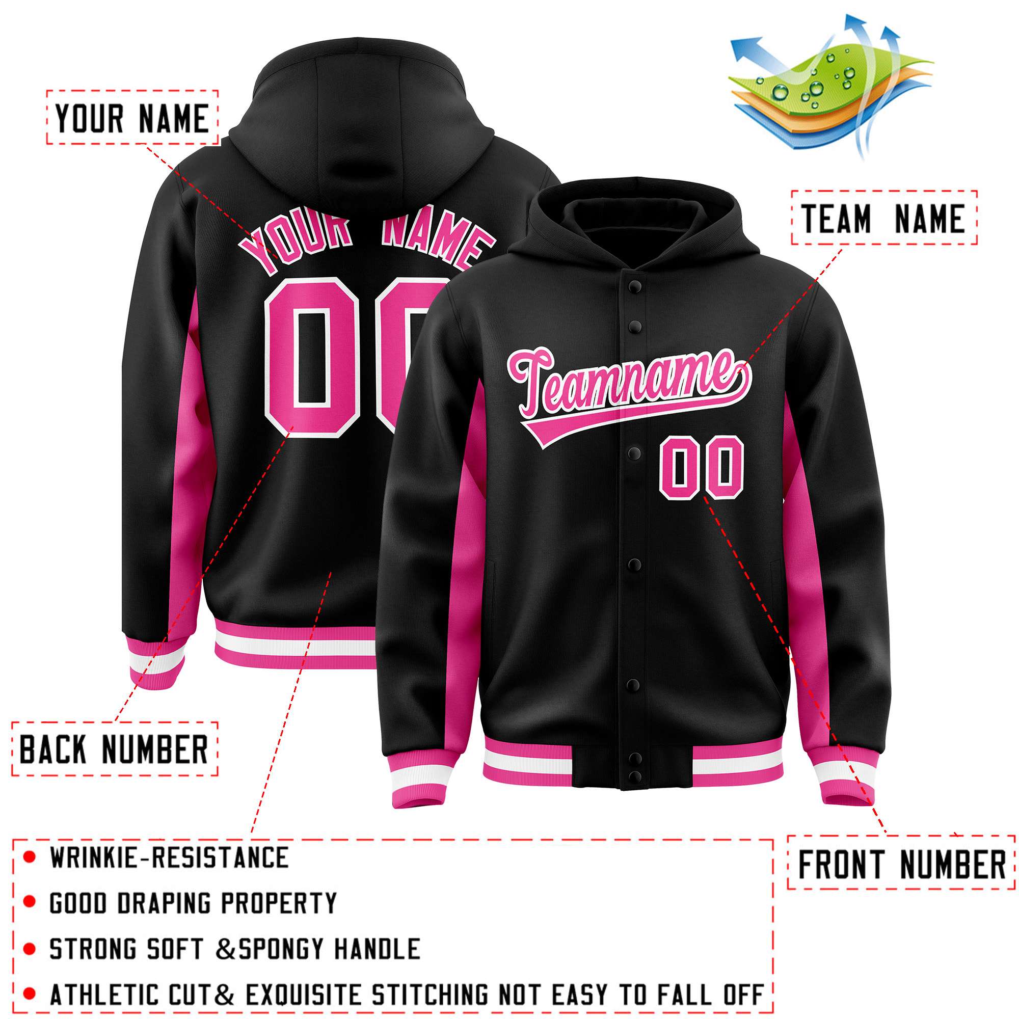 Custom Black Pink Color Block Varsity Full-Snap Letterman Jacket Hoodie| KXKSHOP