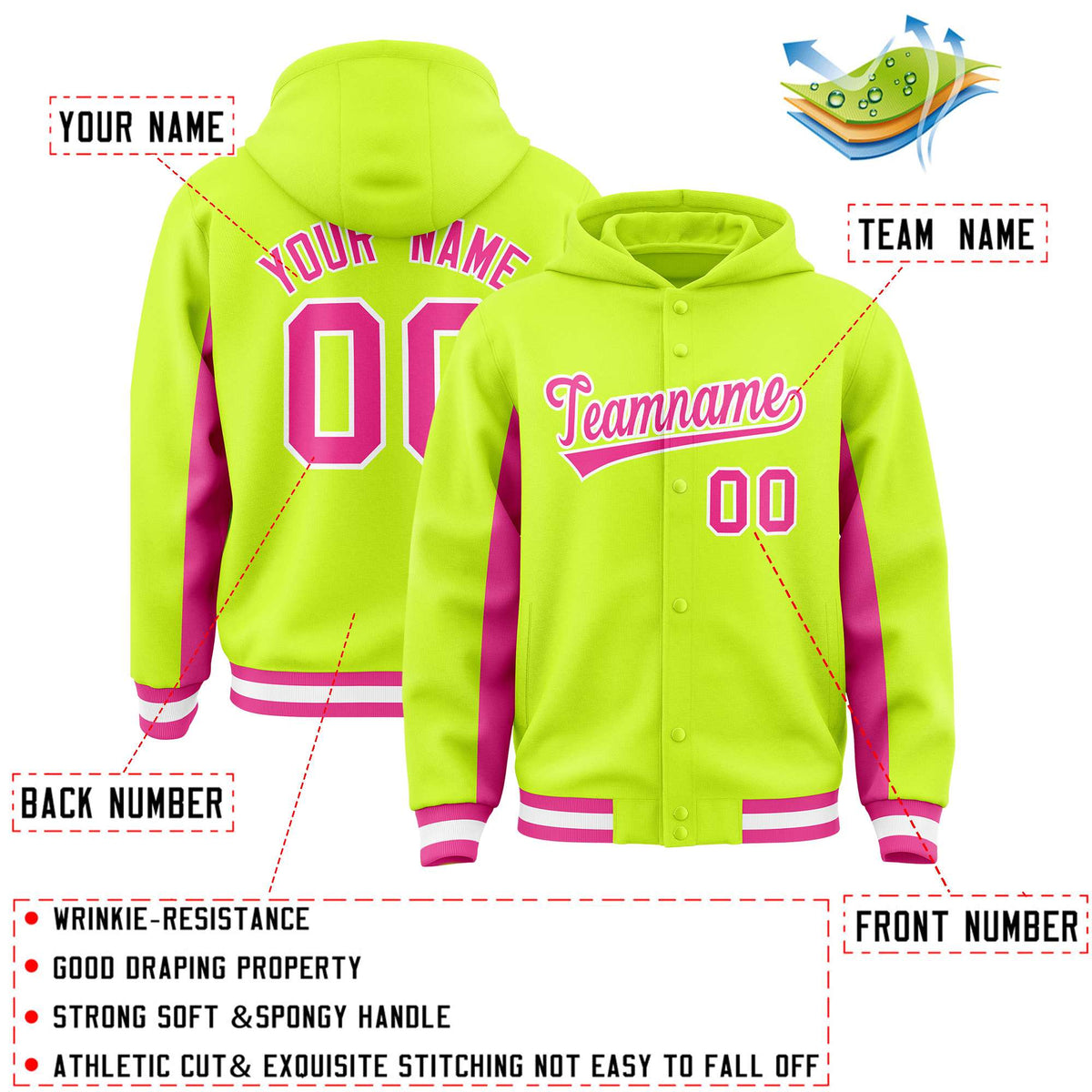Custom Neon Green Pink Color Block Varsity Full-Snap Letterman Jacket Hoodie| KXKSHOP