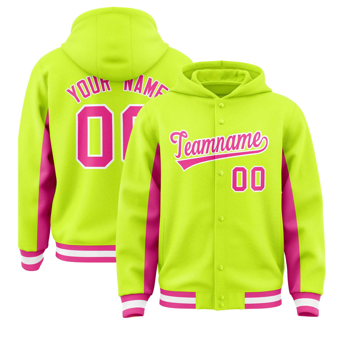 Custom Neon Green Pink Color Block Varsity Full-Snap Letterman Jacket Hoodie| KXKSHOP