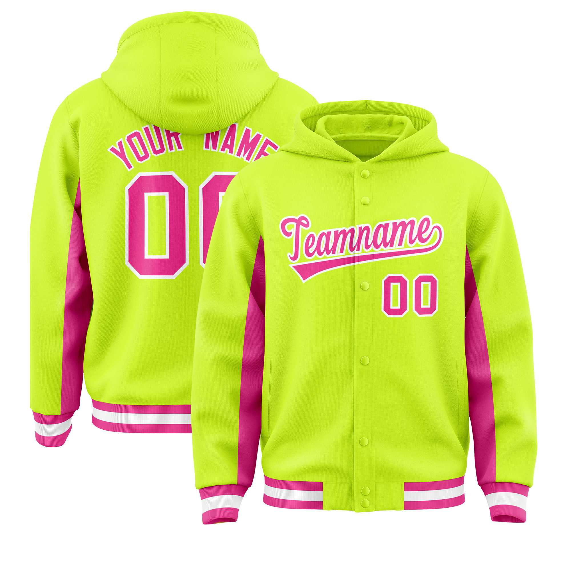 Custom Neon Green Pink Color Block Varsity Full-Snap Letterman Jacket Hoodie| KXKSHOP
