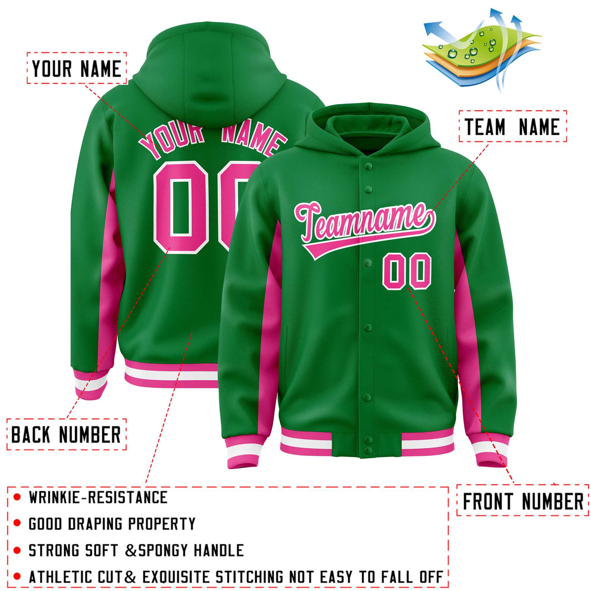 Custom Kelly Green Pink Color Block Varsity Full-Snap Letterman Jacket Hoodie| KXKSHOP