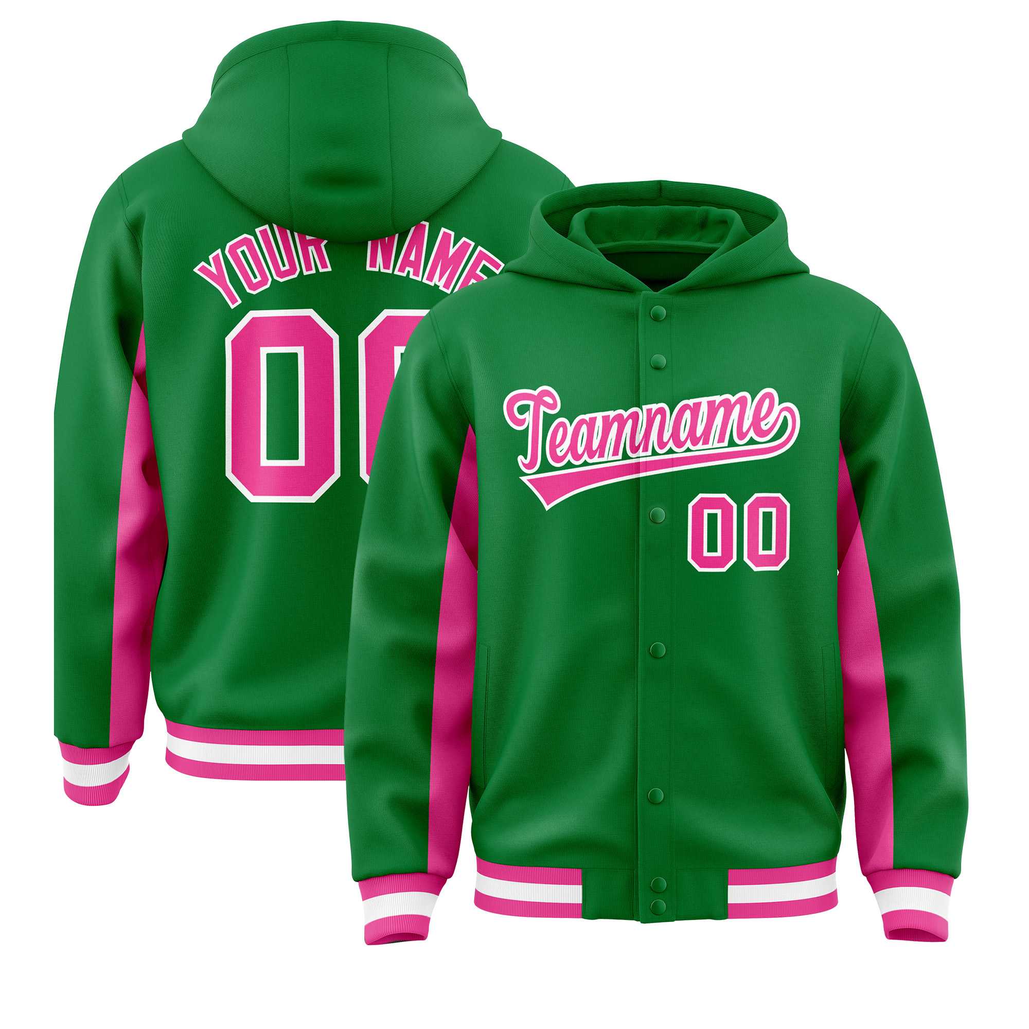 Custom Kelly Green Pink Color Block Varsity Full-Snap Letterman Jacket Hoodie| KXKSHOP