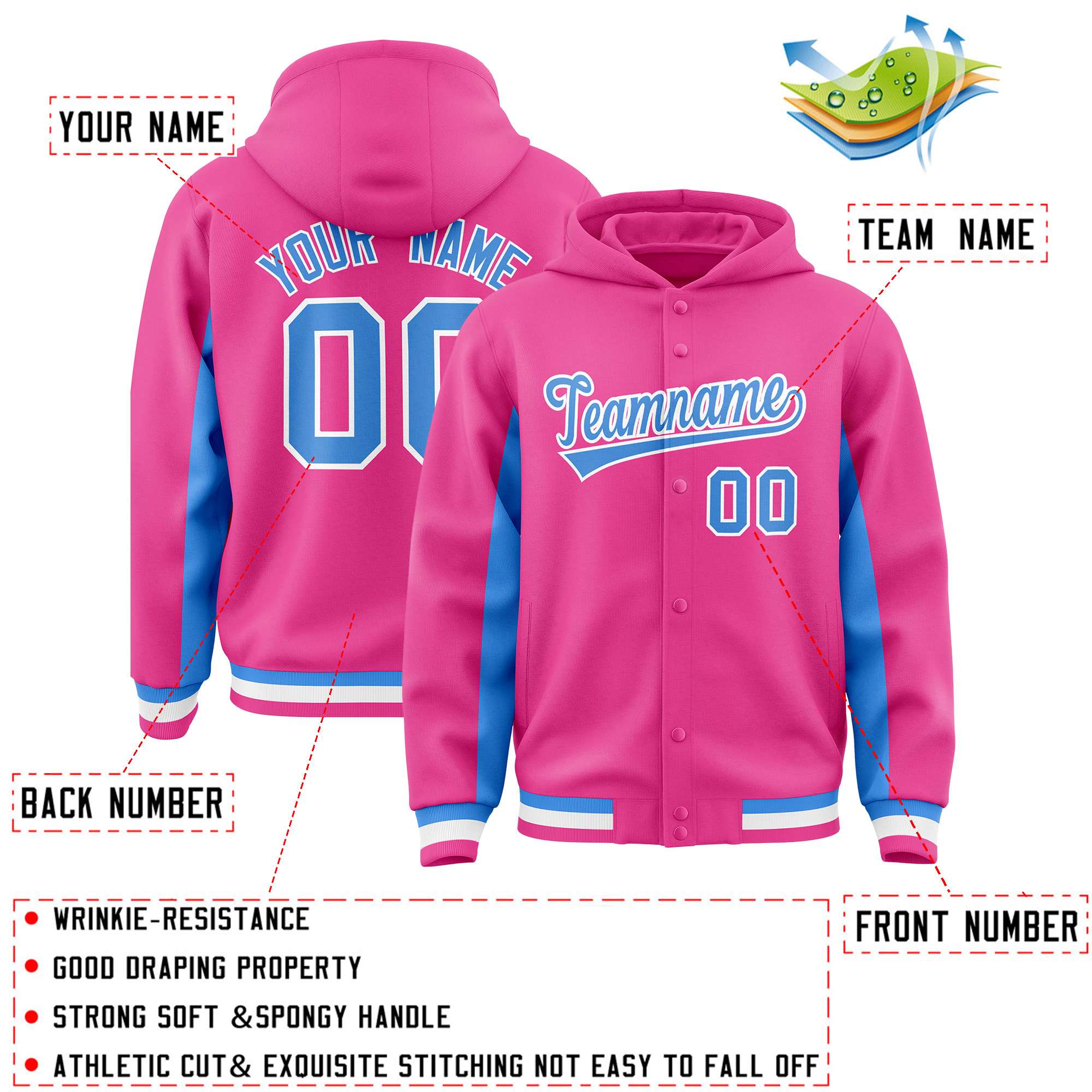 Custom Pink Powder Blue Color Block Varsity Full-Snap Letterman Jacket Hoodie| KXKSHOP