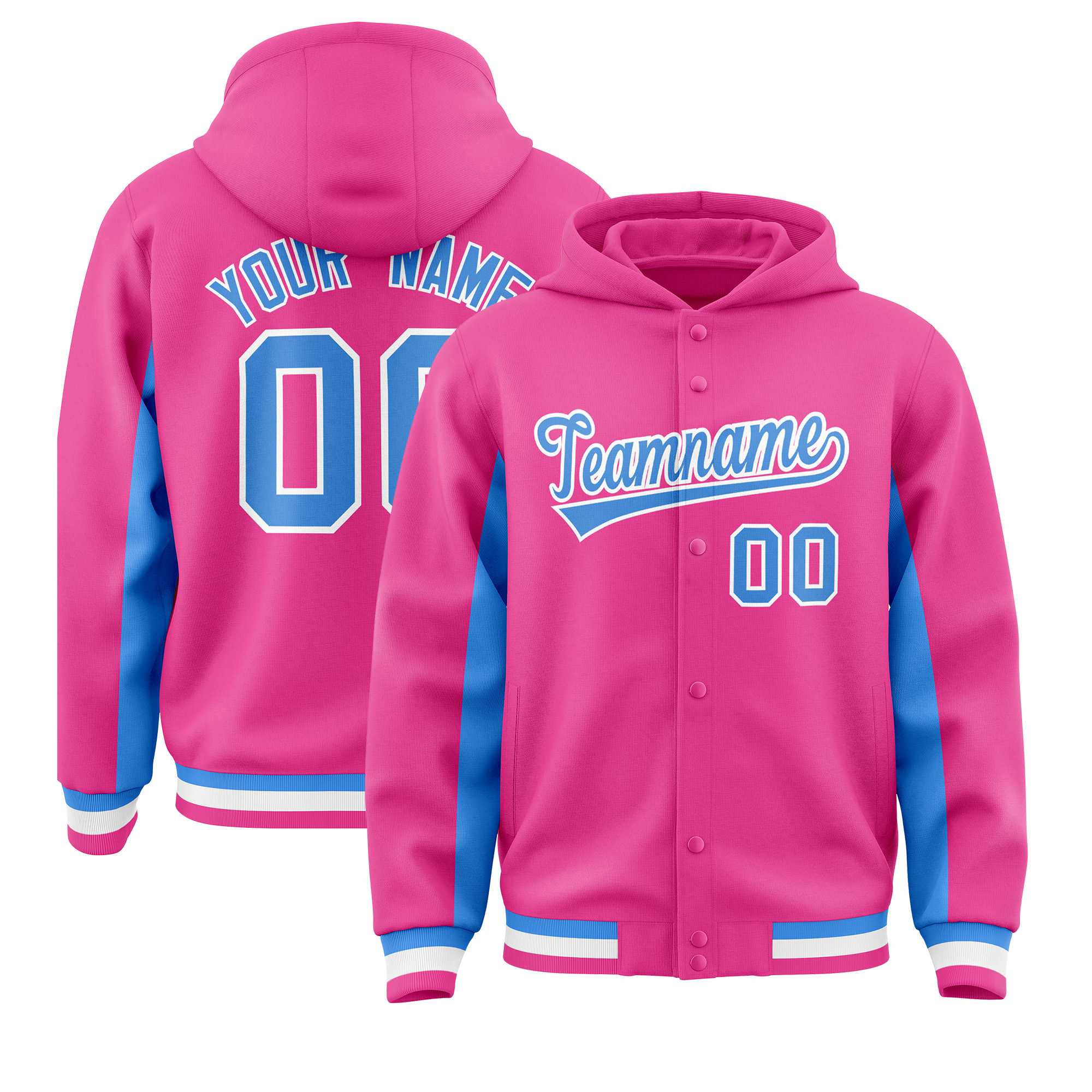 Custom Pink Powder Blue Color Block Varsity Full-Snap Letterman Jacket Hoodie| KXKSHOP