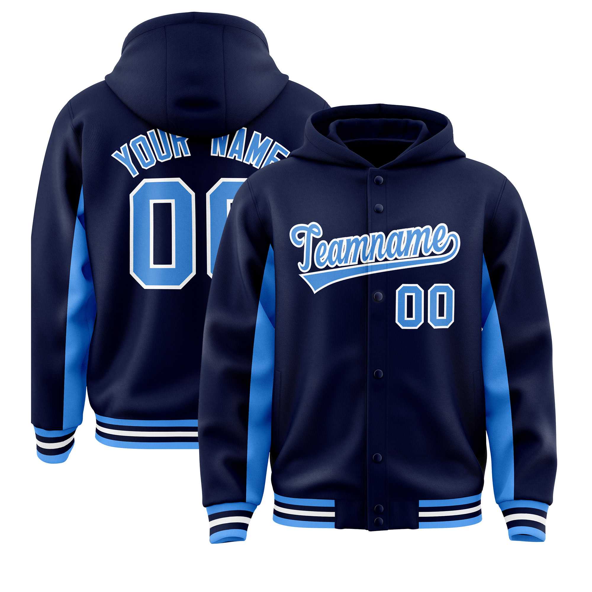 Custom Navy Powder Blue Color Block Varsity Full-Snap Letterman Jacket Hoodie| KXKSHOP