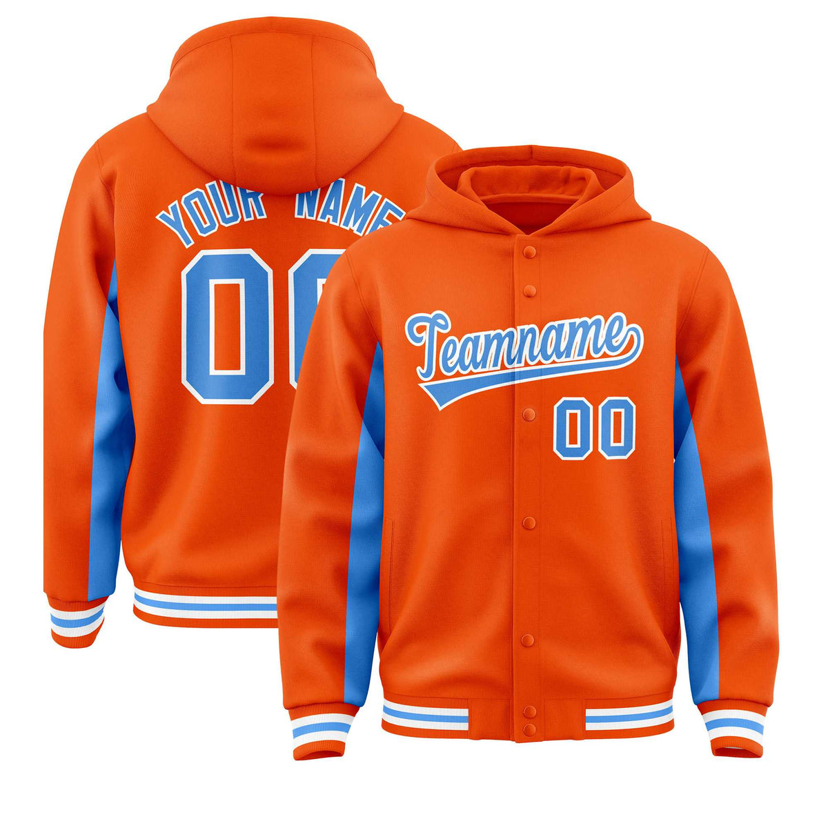 Custom Orange Powder Blue Color Block Varsity Full-Snap Letterman Jacket Hoodie| KXKSHOP