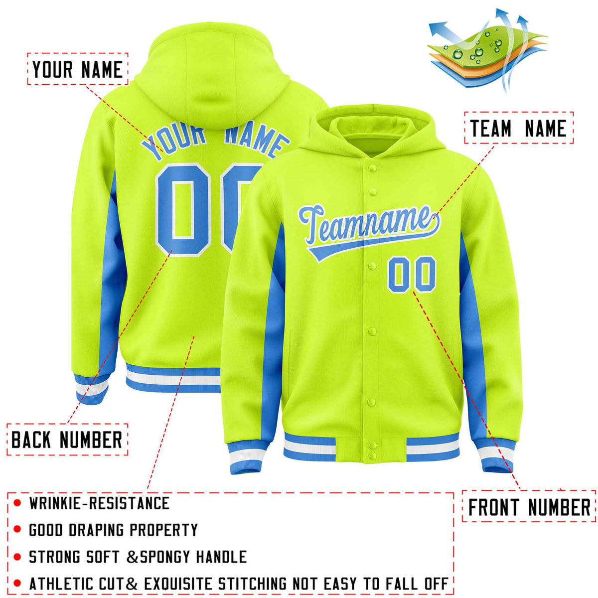 Custom Neon Green Powder Blue Color Block Varsity Full-Snap Letterman Jacket Hoodie| KXKSHOP