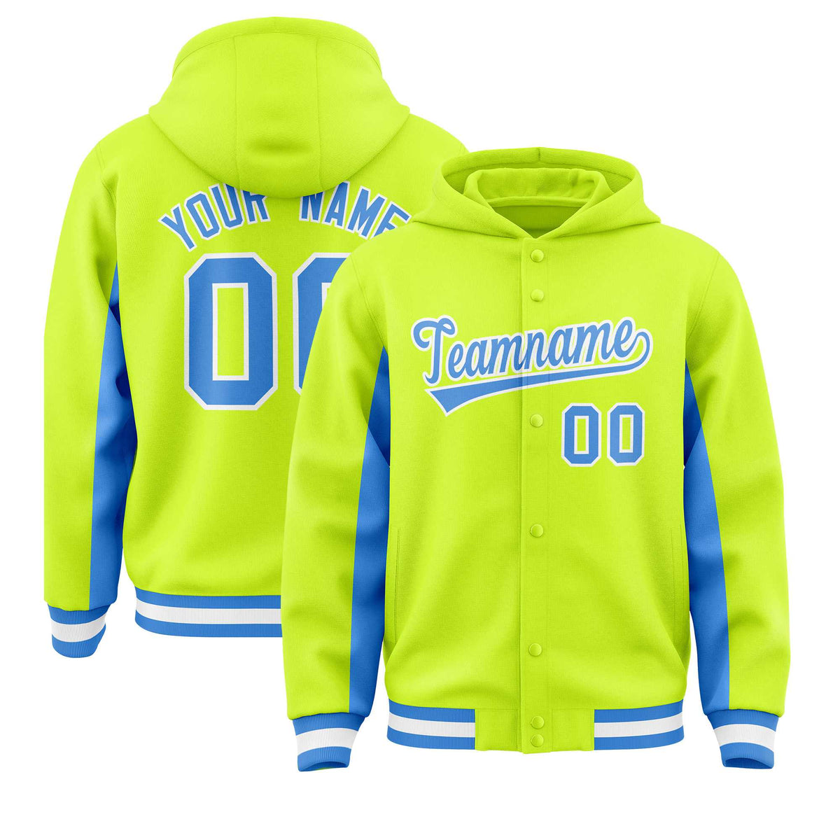 Custom Neon Green Powder Blue Color Block Varsity Full-Snap Letterman Jacket Hoodie| KXKSHOP