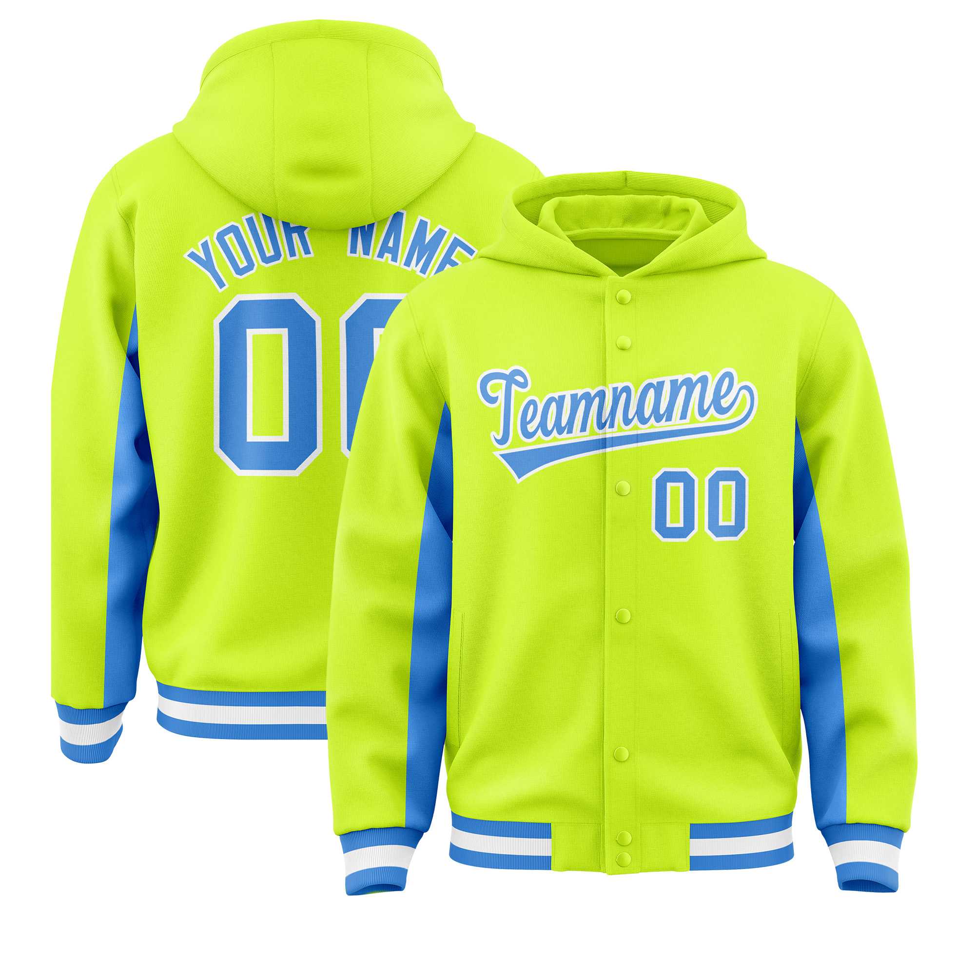 Custom Neon Green Powder Blue Color Block Varsity Full-Snap Letterman Jacket Hoodie| KXKSHOP