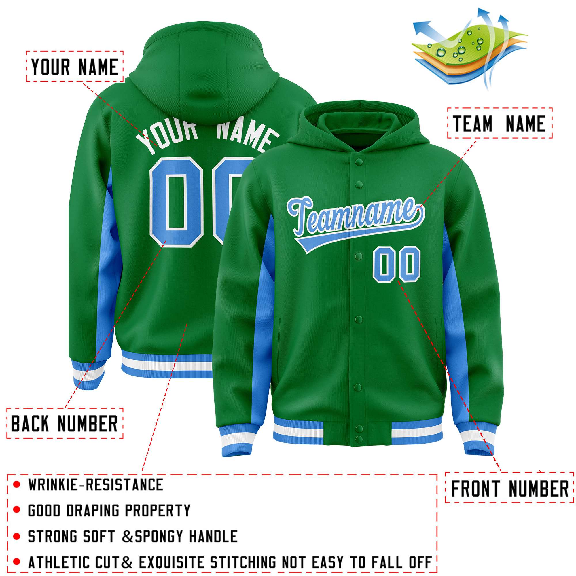 Custom Kelly Green Powder Blue Color Block Varsity Full-Snap Letterman Jacket Hoodie| KXKSHOP