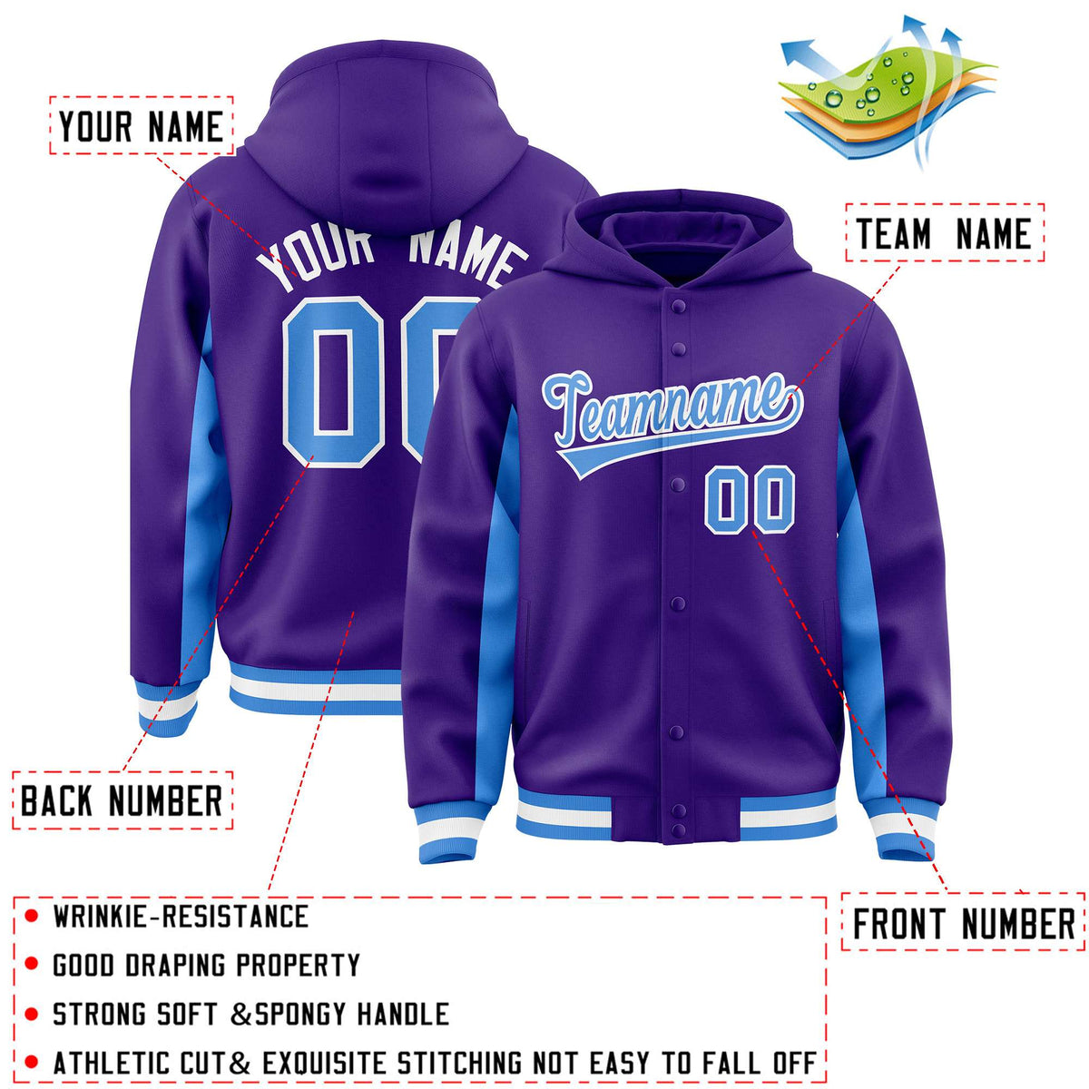 Custom Purple Powder Blue Color Block Varsity Full-Snap Letterman Jacket Hoodie| KXKSHOP