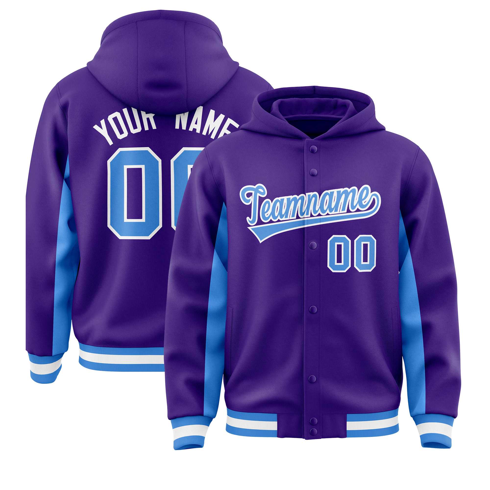 Custom Purple Powder Blue Color Block Varsity Full-Snap Letterman Jacket Hoodie| KXKSHOP