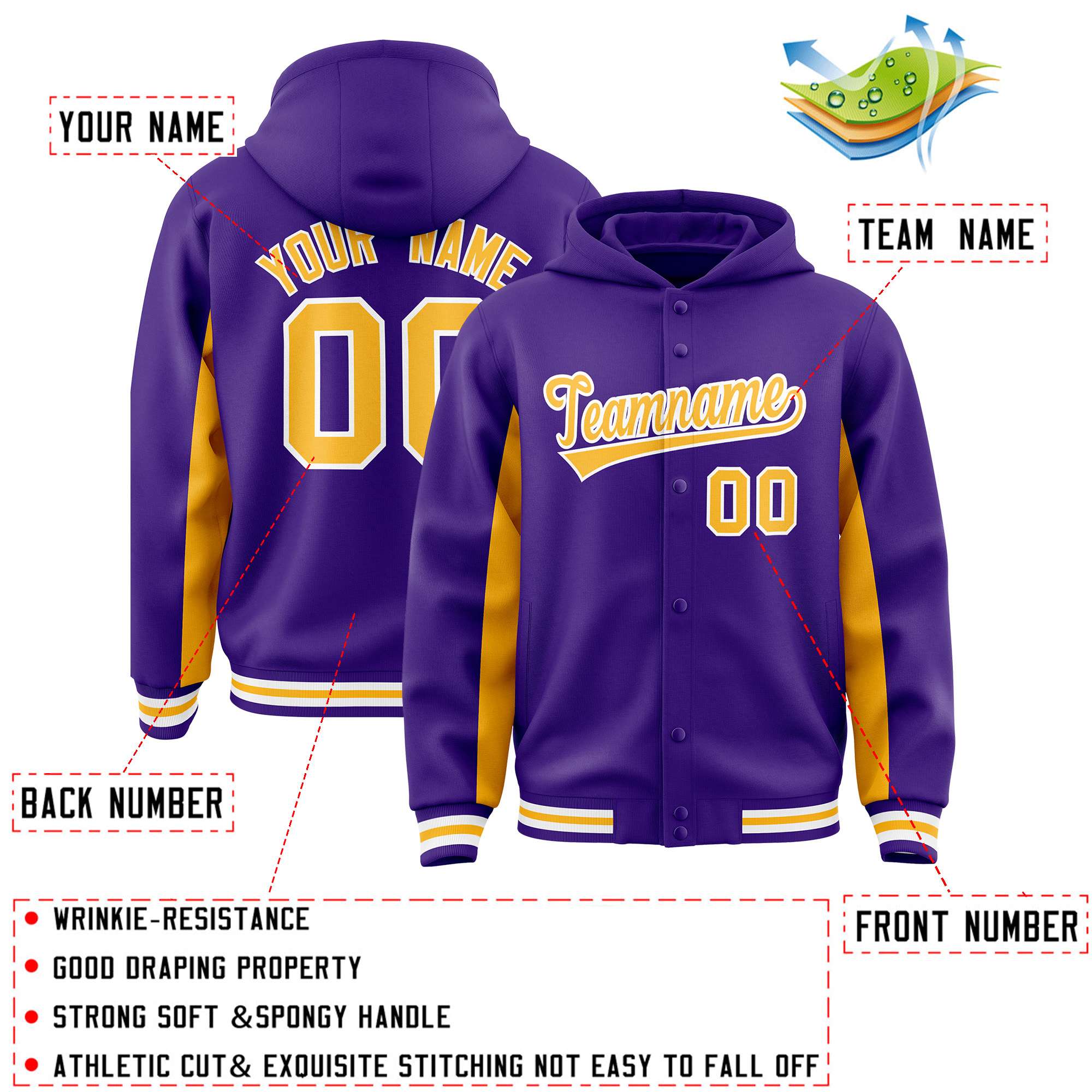 Custom Purple Gold Color Block Varsity Full-Snap Letterman Jacket Hoodie| KXKSHOP