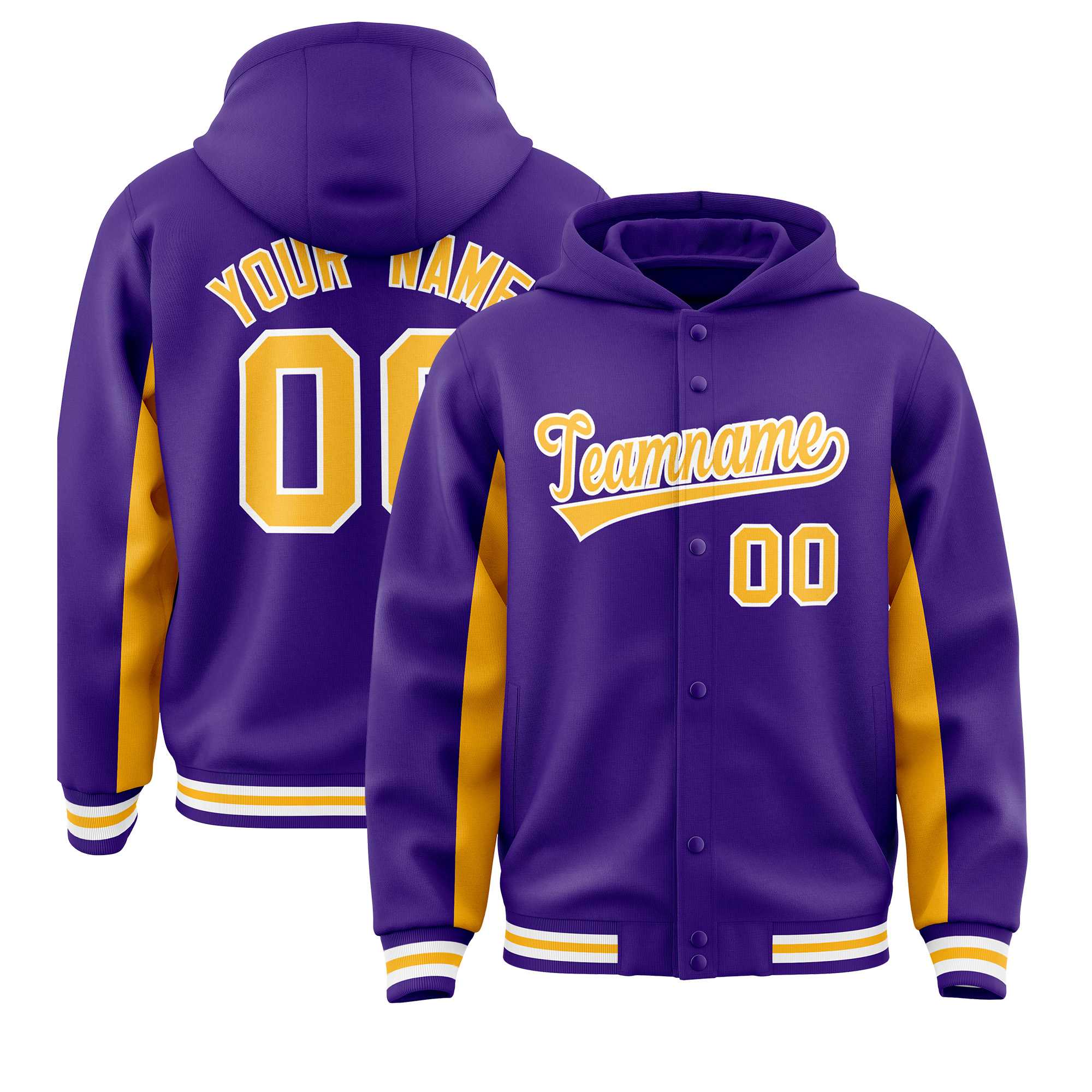 Custom Purple Gold Color Block Varsity Full-Snap Letterman Jacket Hoodie| KXKSHOP