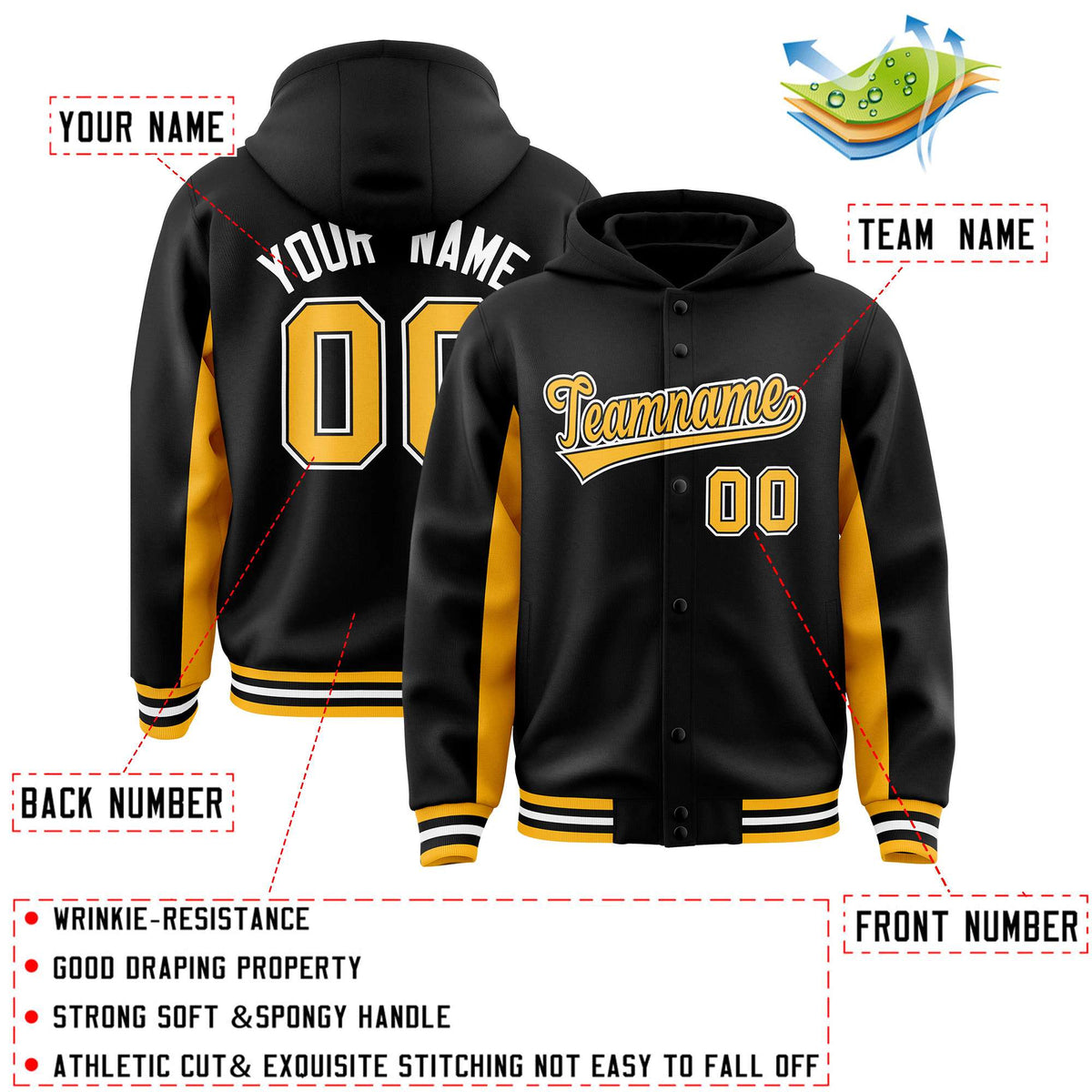 Custom Black Gold Color Block Varsity Full-Snap Letterman Jacket Hoodie| KXKSHOP