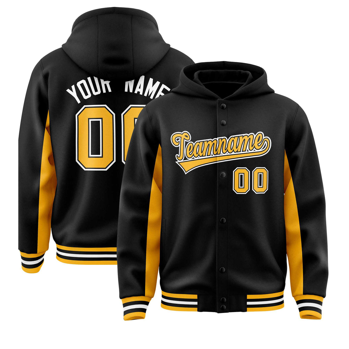 Custom Black Gold Color Block Varsity Full-Snap Letterman Jacket Hoodie| KXKSHOP